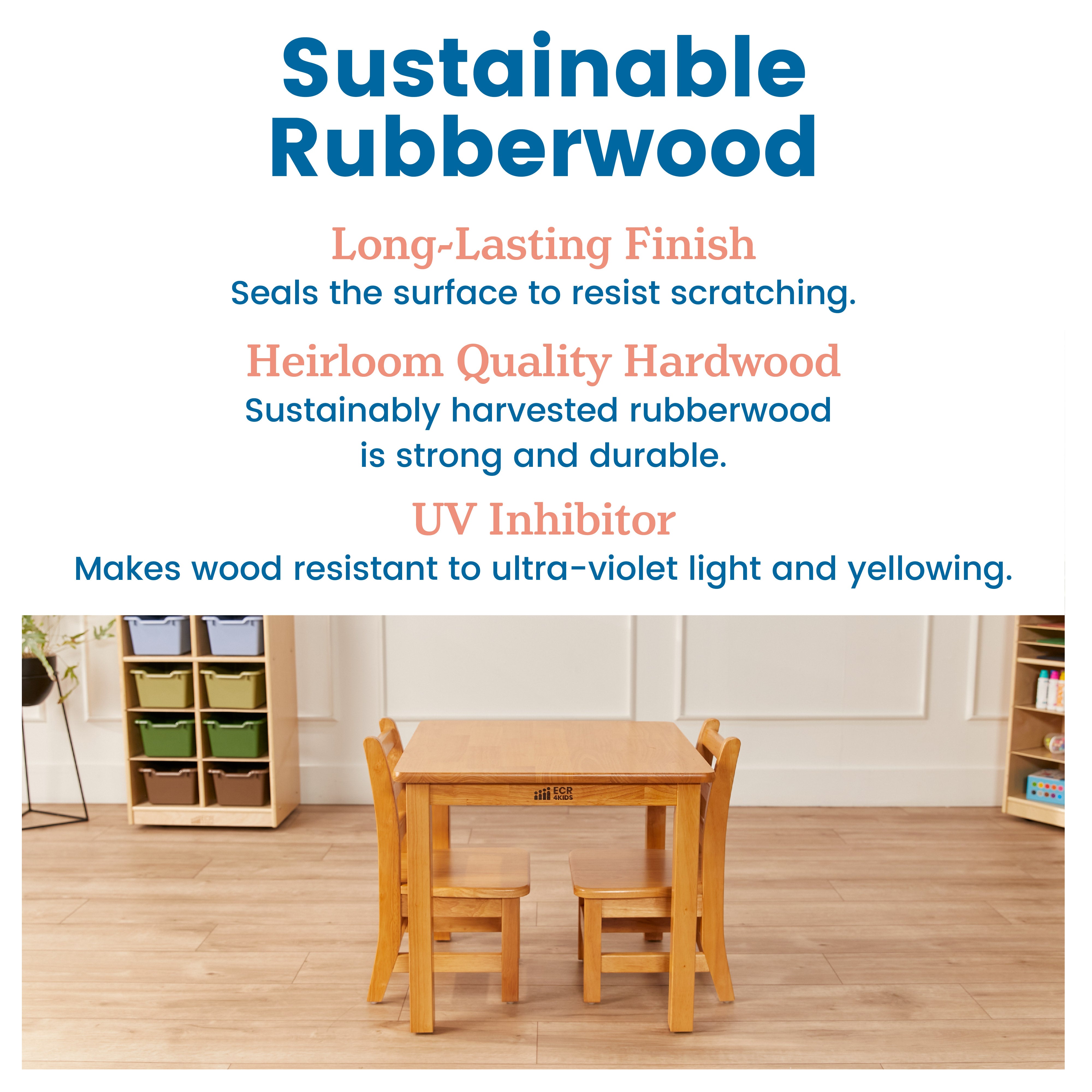 24in x 24in Square Hardwood Table with 20in Legs and Two 10in Chairs, 3-Piece