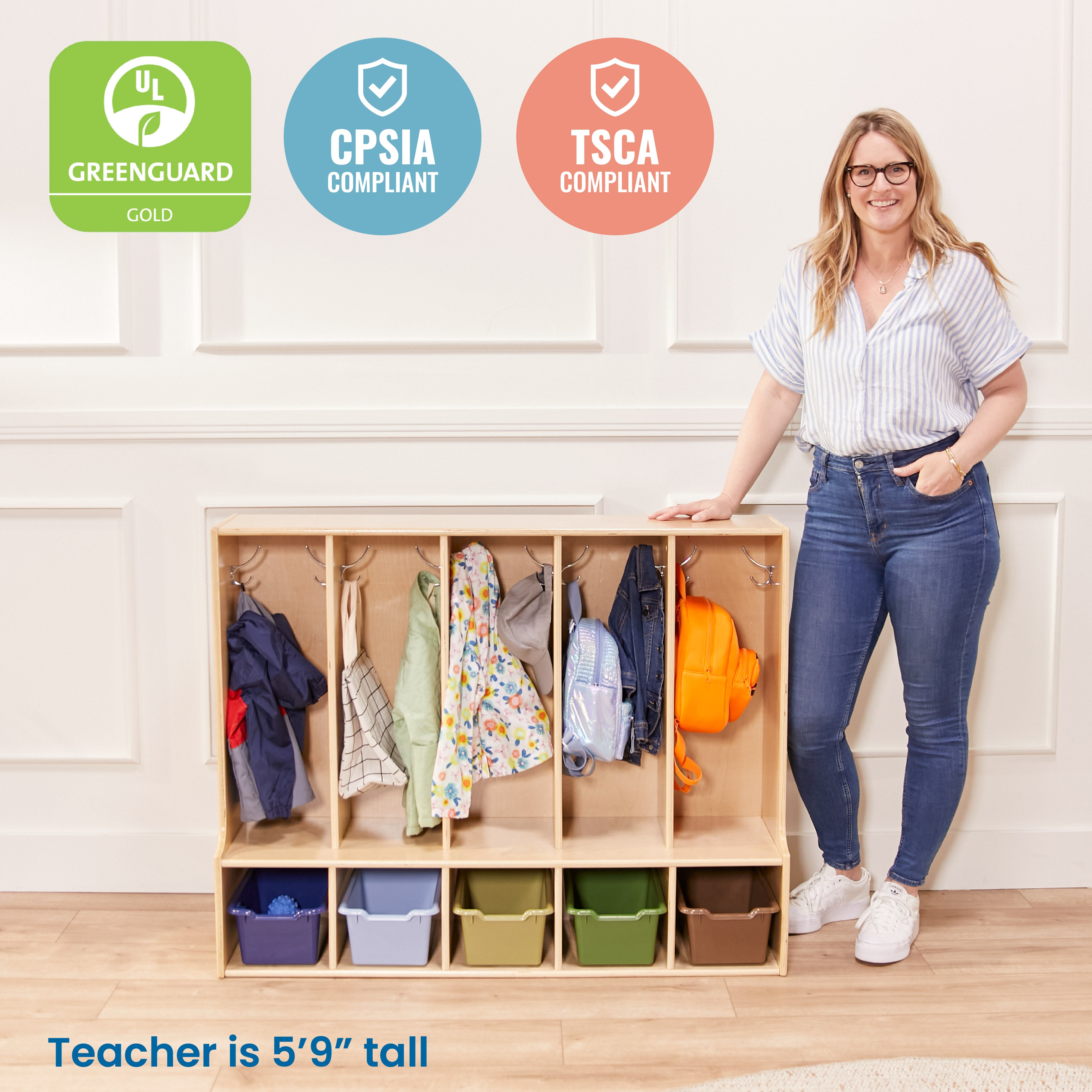 Streamline 5-Section Toddler Coat Locker with Bench and Bins