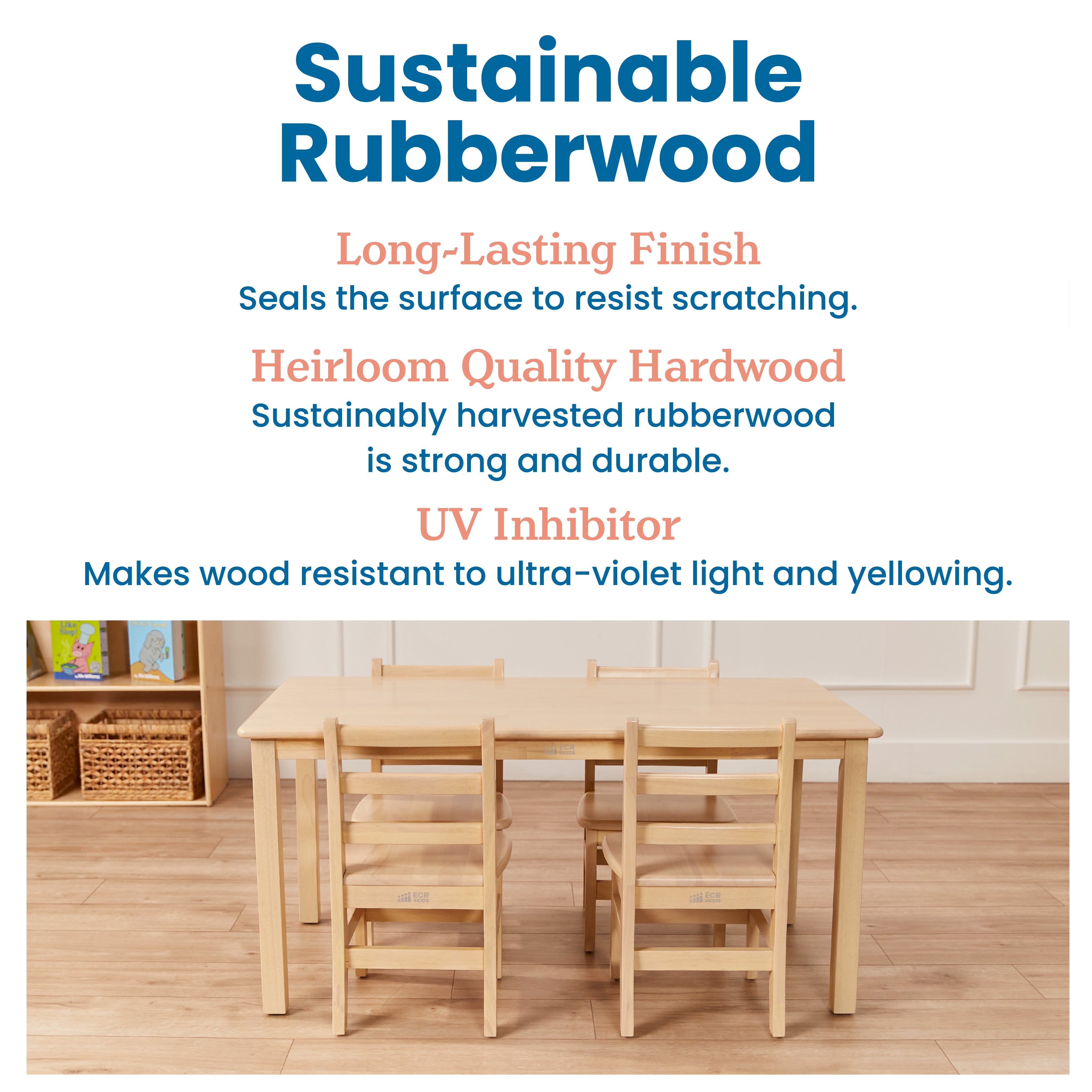 24in x 48in Rectangular Hardwood Table and Chair Set, 12in Seat Height, 5-Piece