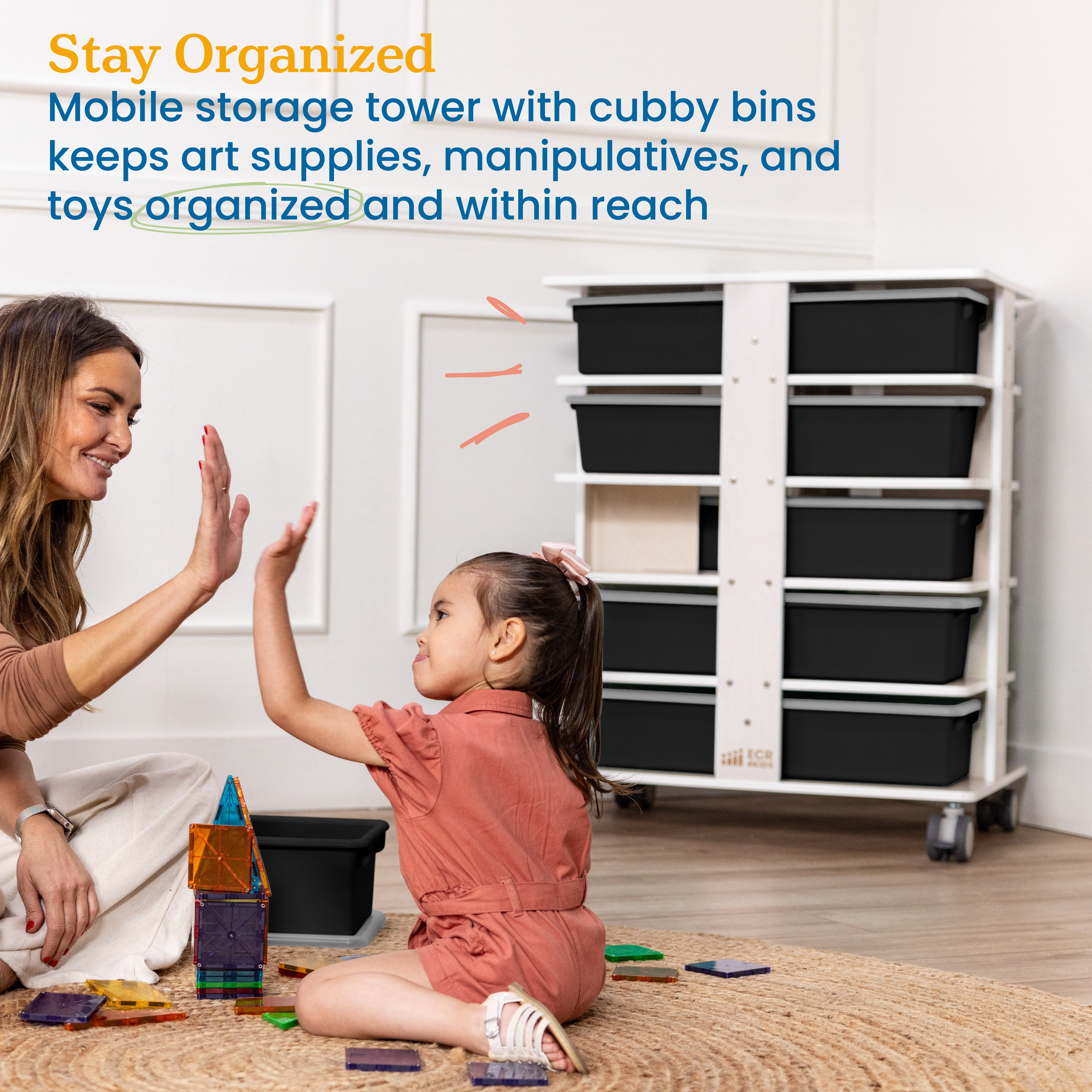 20-Compartment Mobile Storage Tower with Cubby Bins with Lids, 5x4, White Wash, Classroom Furniture