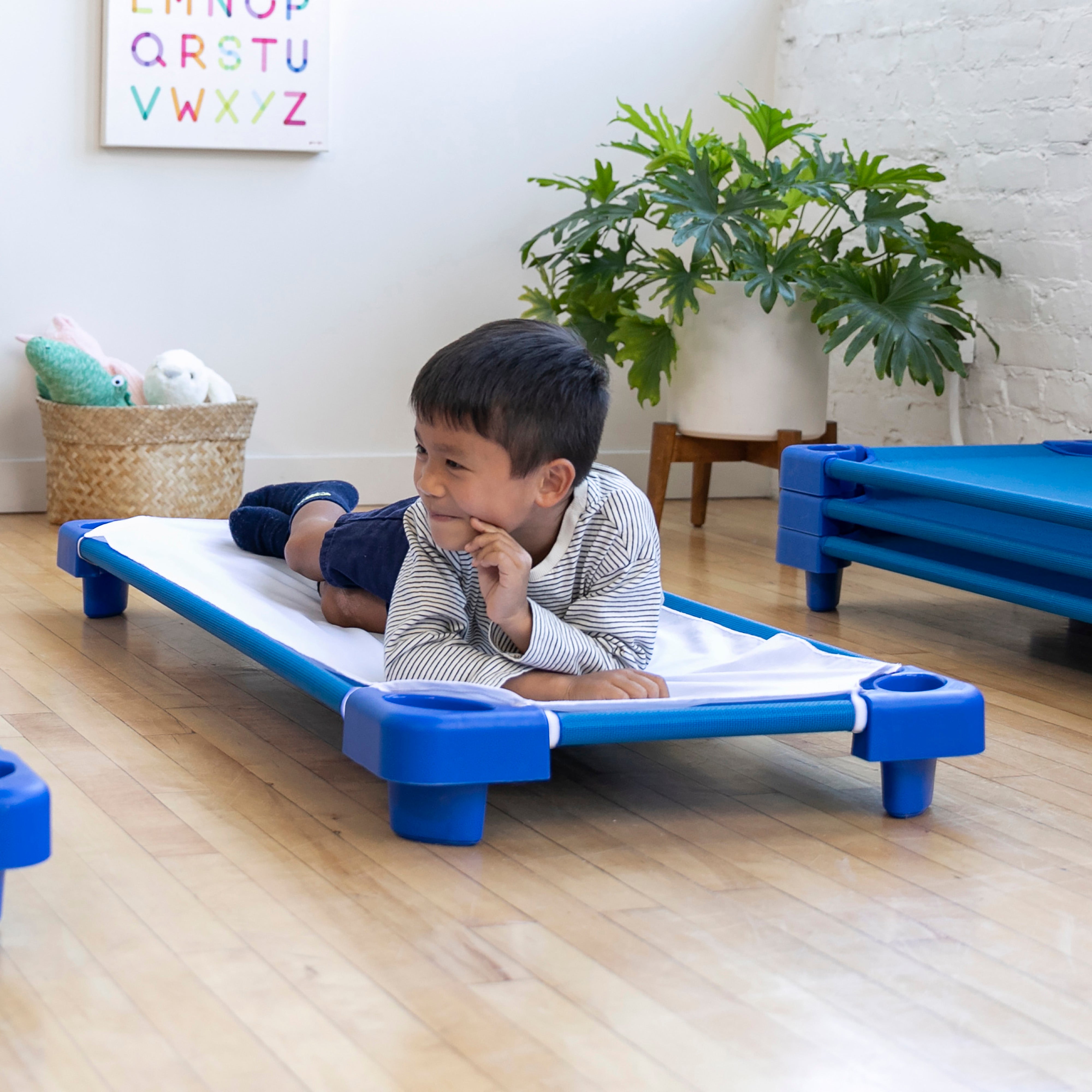 Preschool Rest & Recharge Package with Standard Stackable Kiddie Cots, Sheets, Blankets and Cot Trolley