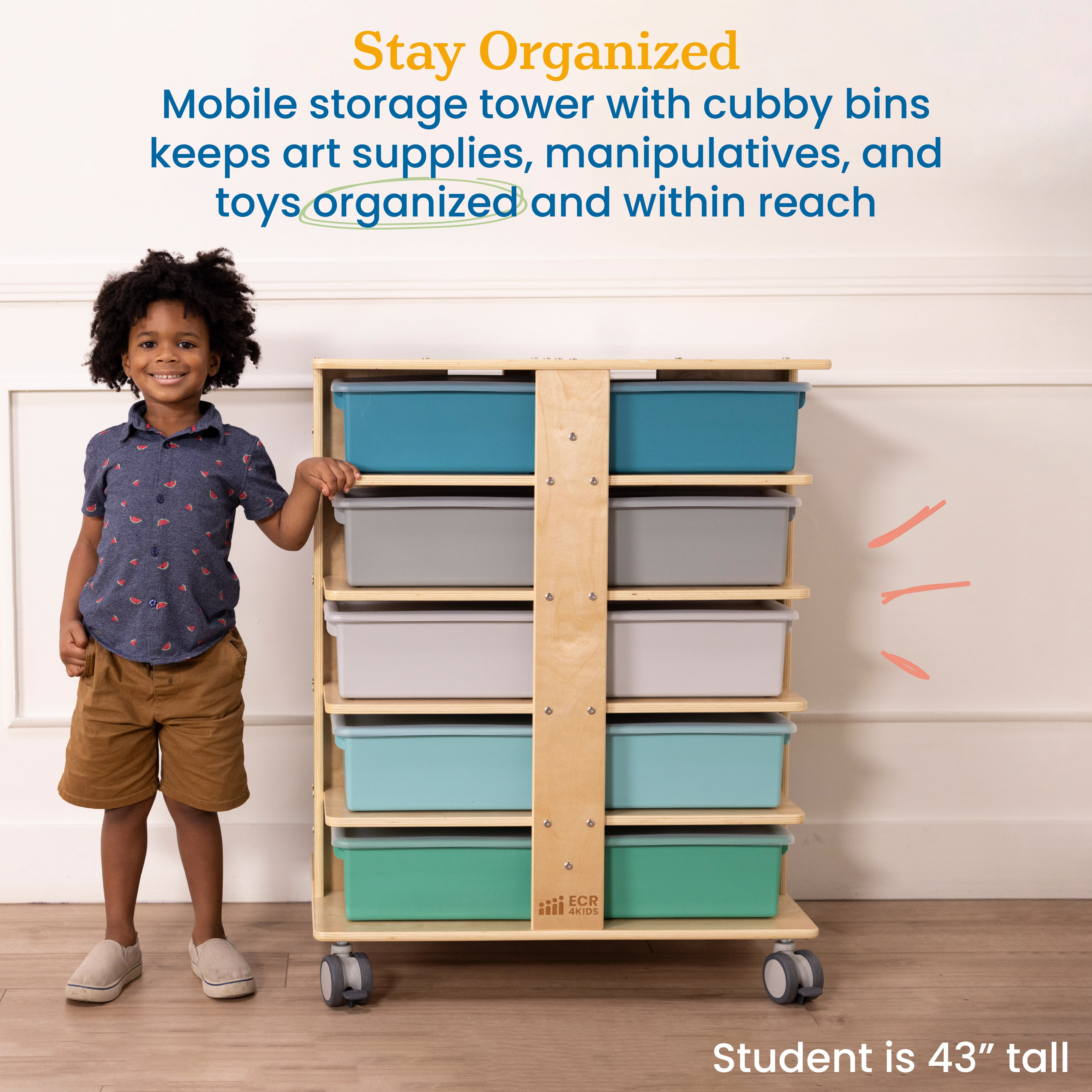 20-Compartment Mobile Storage Tower with Cubby Bins with Lids, 5x4, Natural