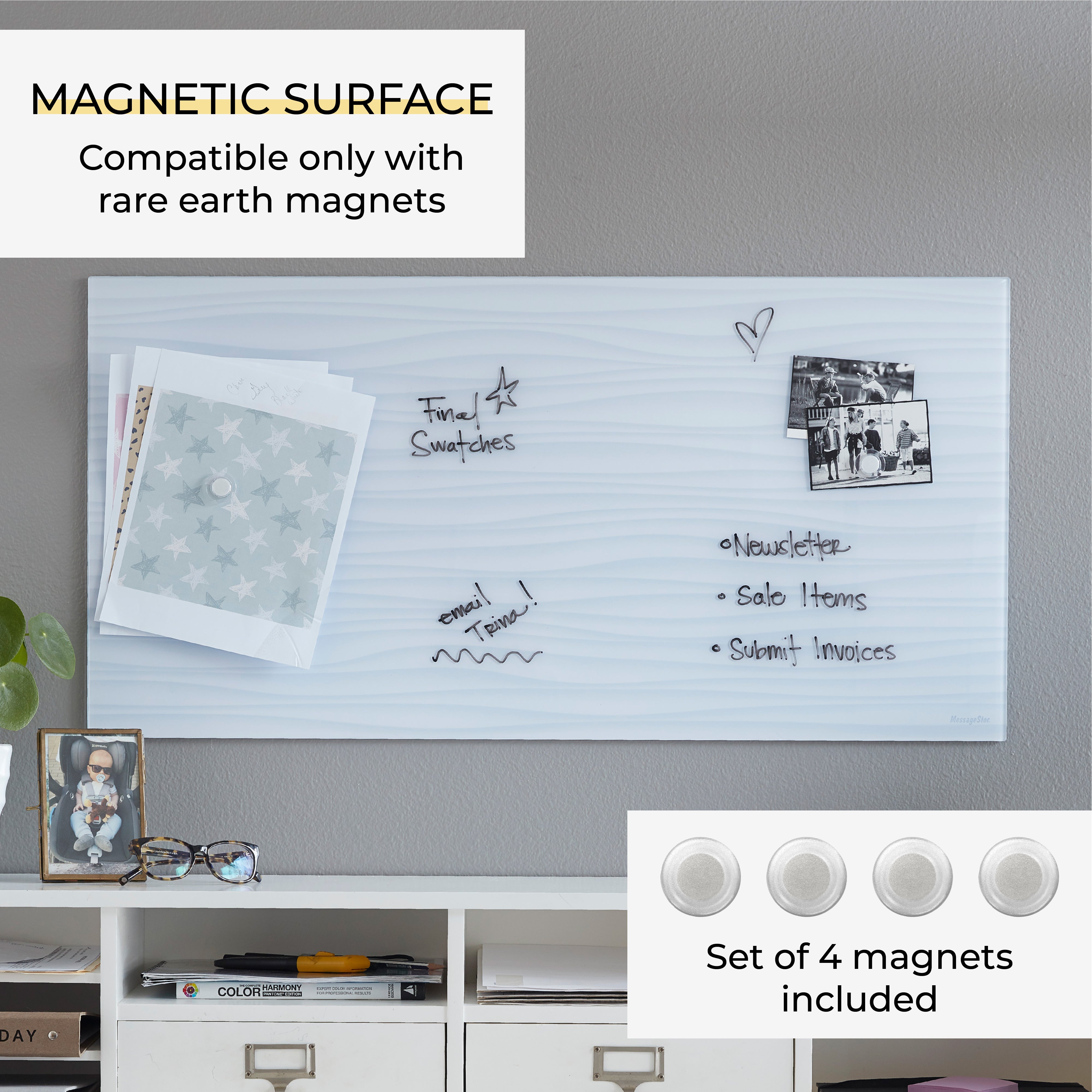 MessageStor Magnetic Dry-Erase Glass Board with Magnets, 18in x 36in