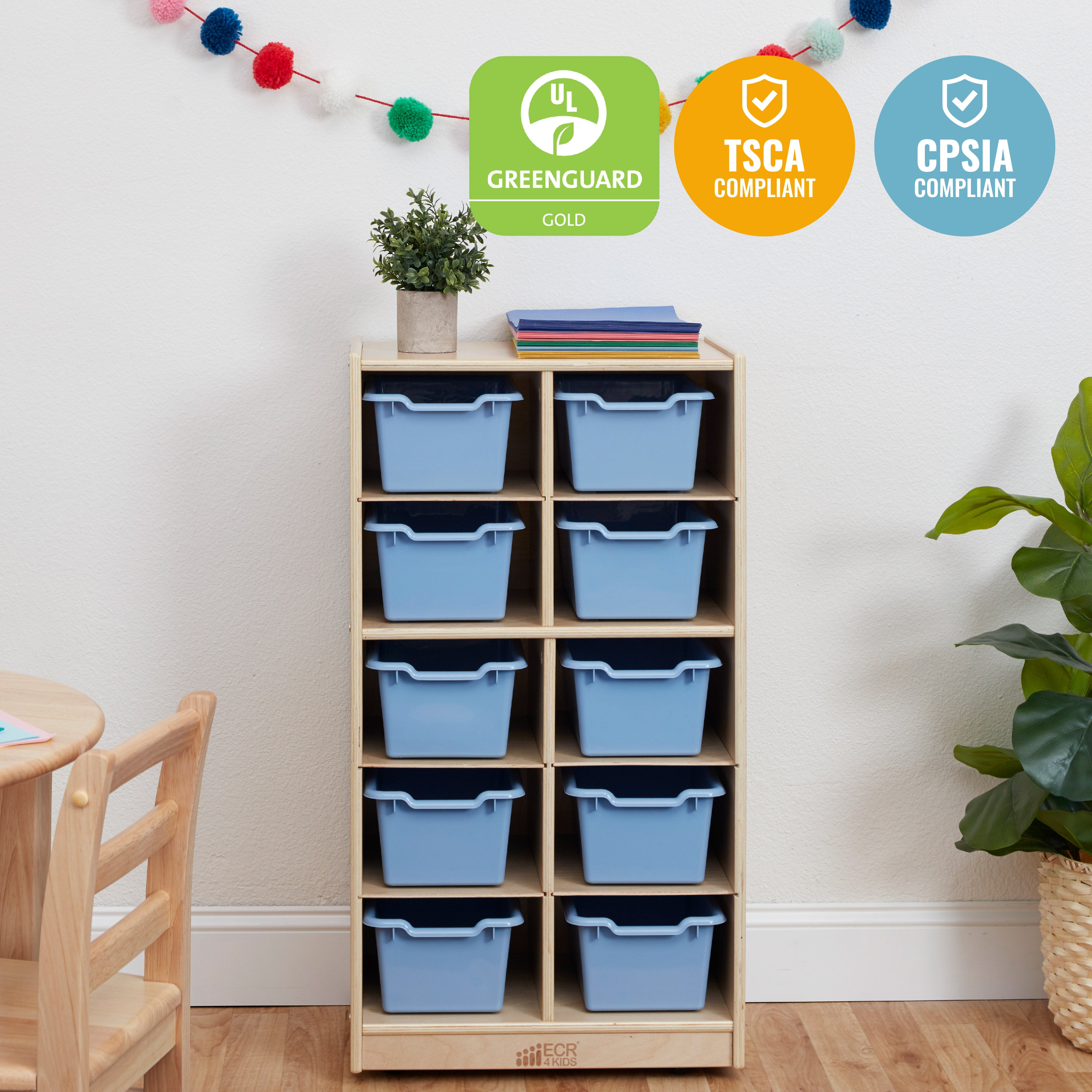 10 Cubby Mobile Tray Cabinet with 10 Scoop Front Storage Bins, 5x2, Natural