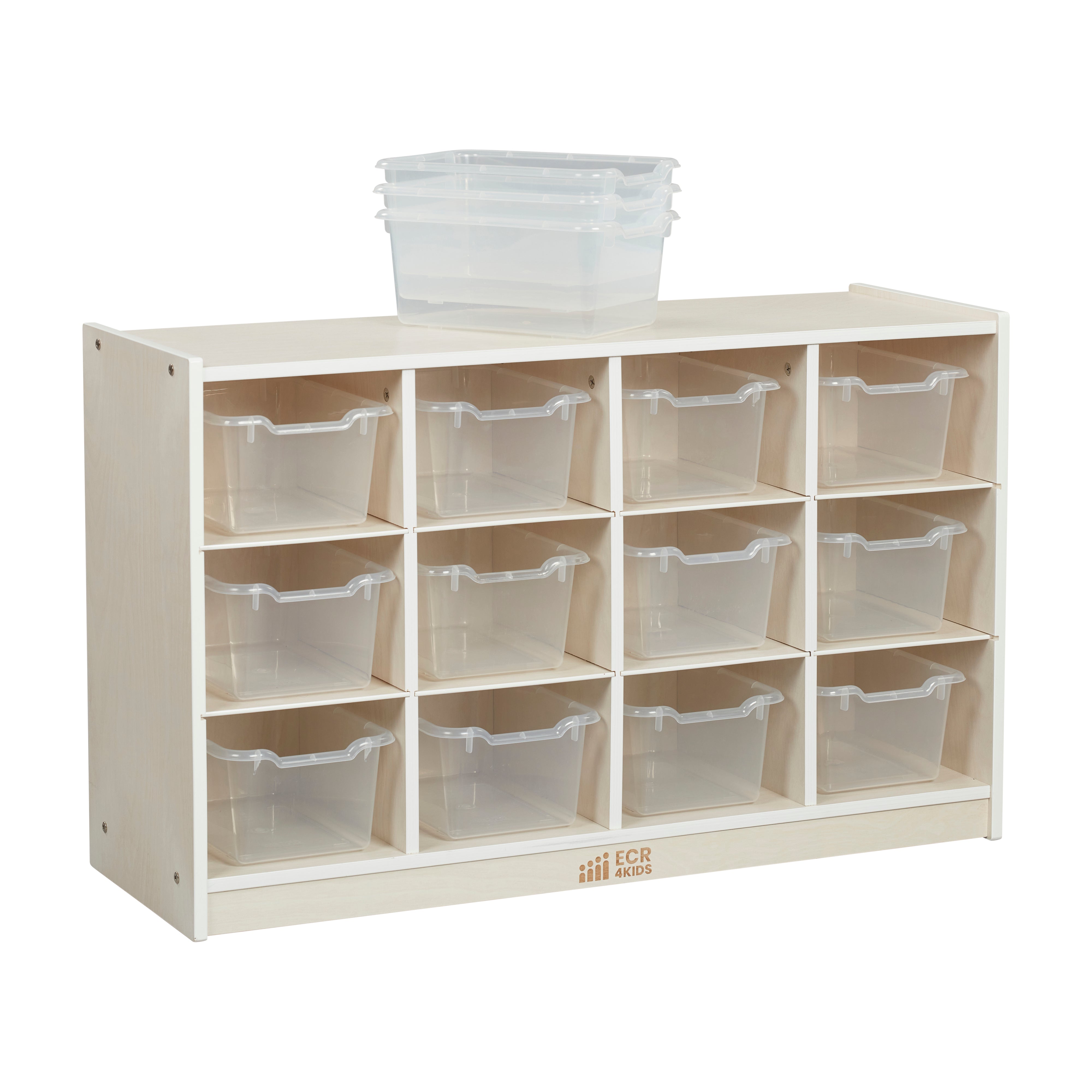 12 Cubby Mobile Tray Cabinet with 15 Scoop Front Storage Bins, 3x4, White Wash