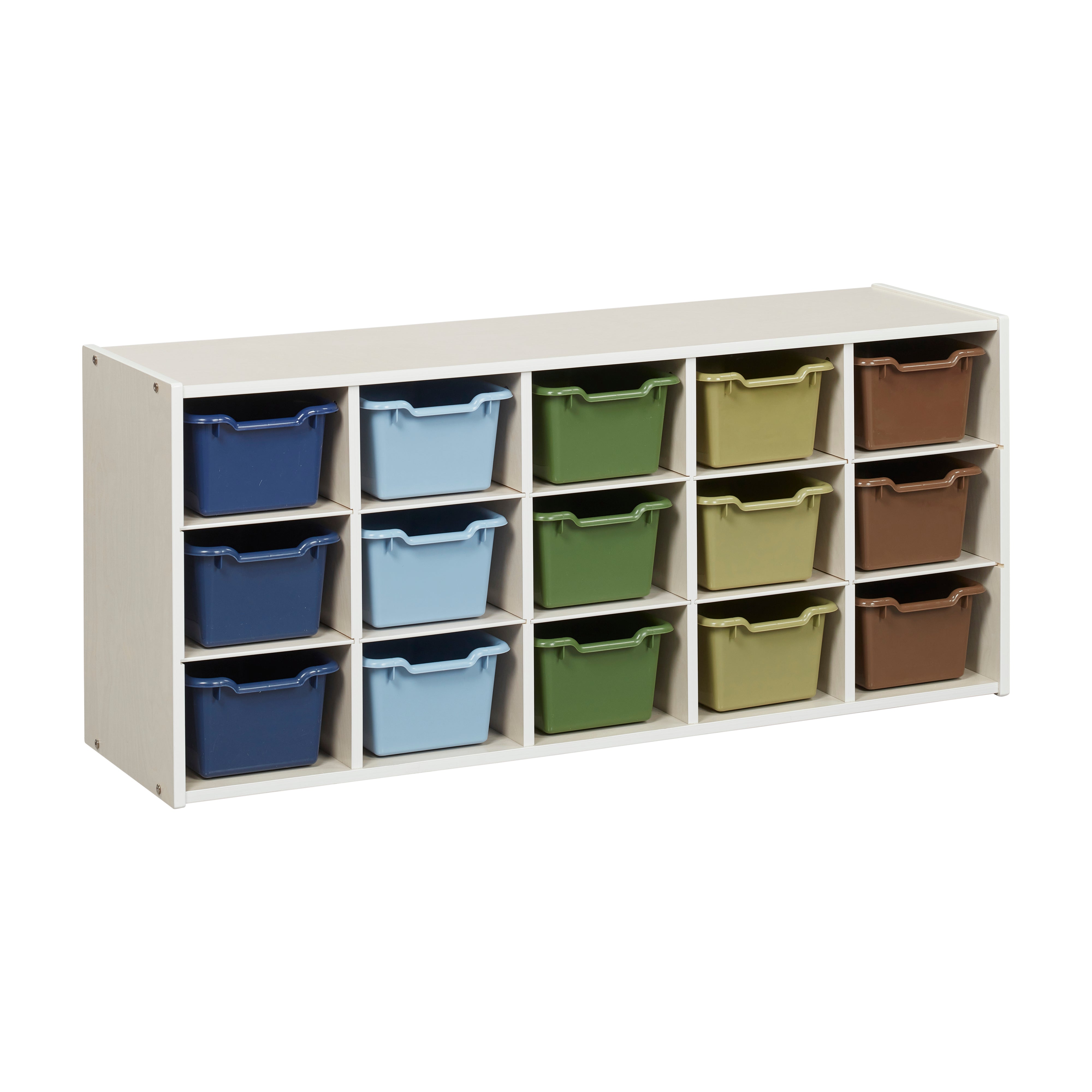 Streamline 15 Cubby Tray Cabinet with 15 Scoop Front Storage Bins, 3x5, White Wash