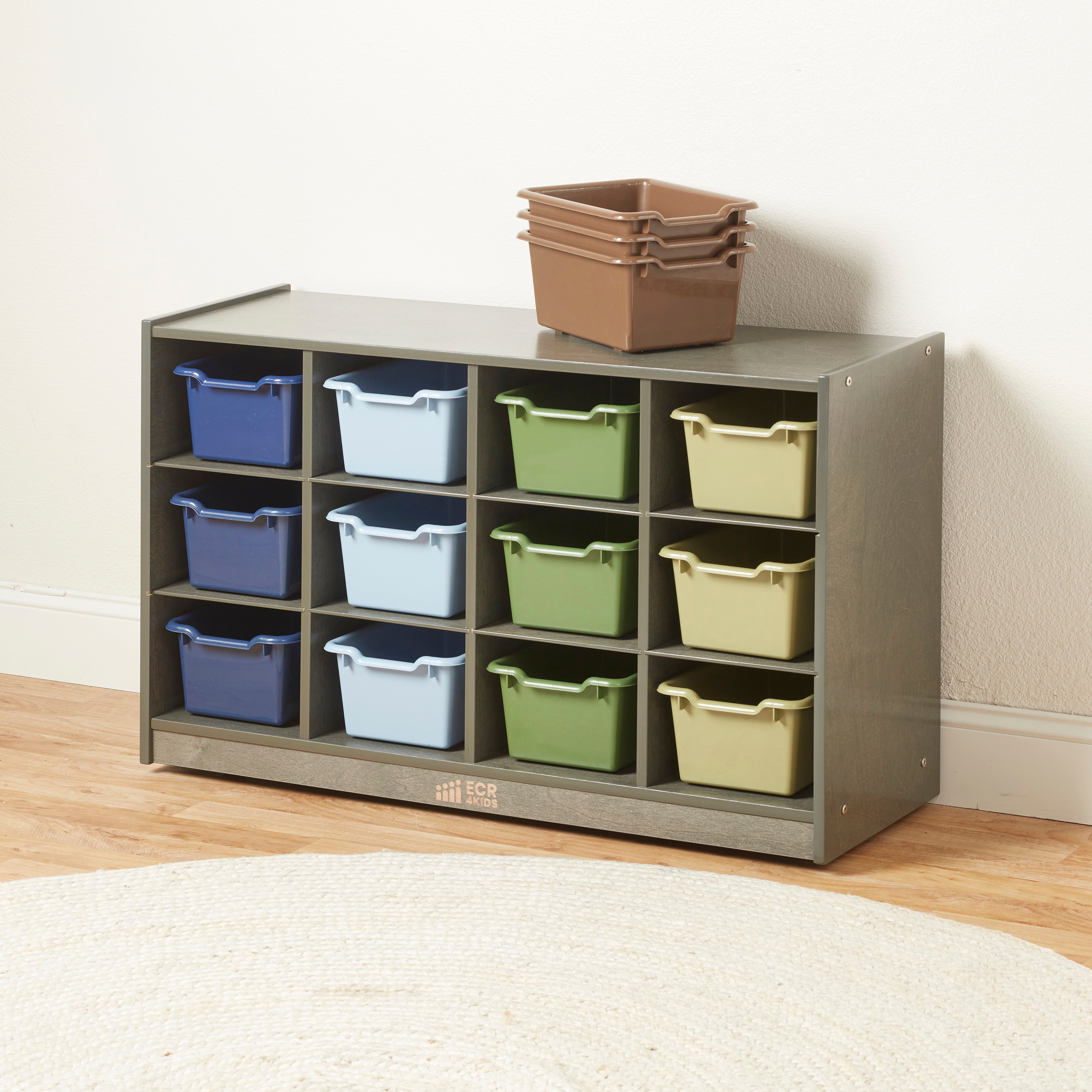 12 Cubby Mobile Tray Cabinet with 15 Scoop Front Storage Bins, 3x4, Grey Wash