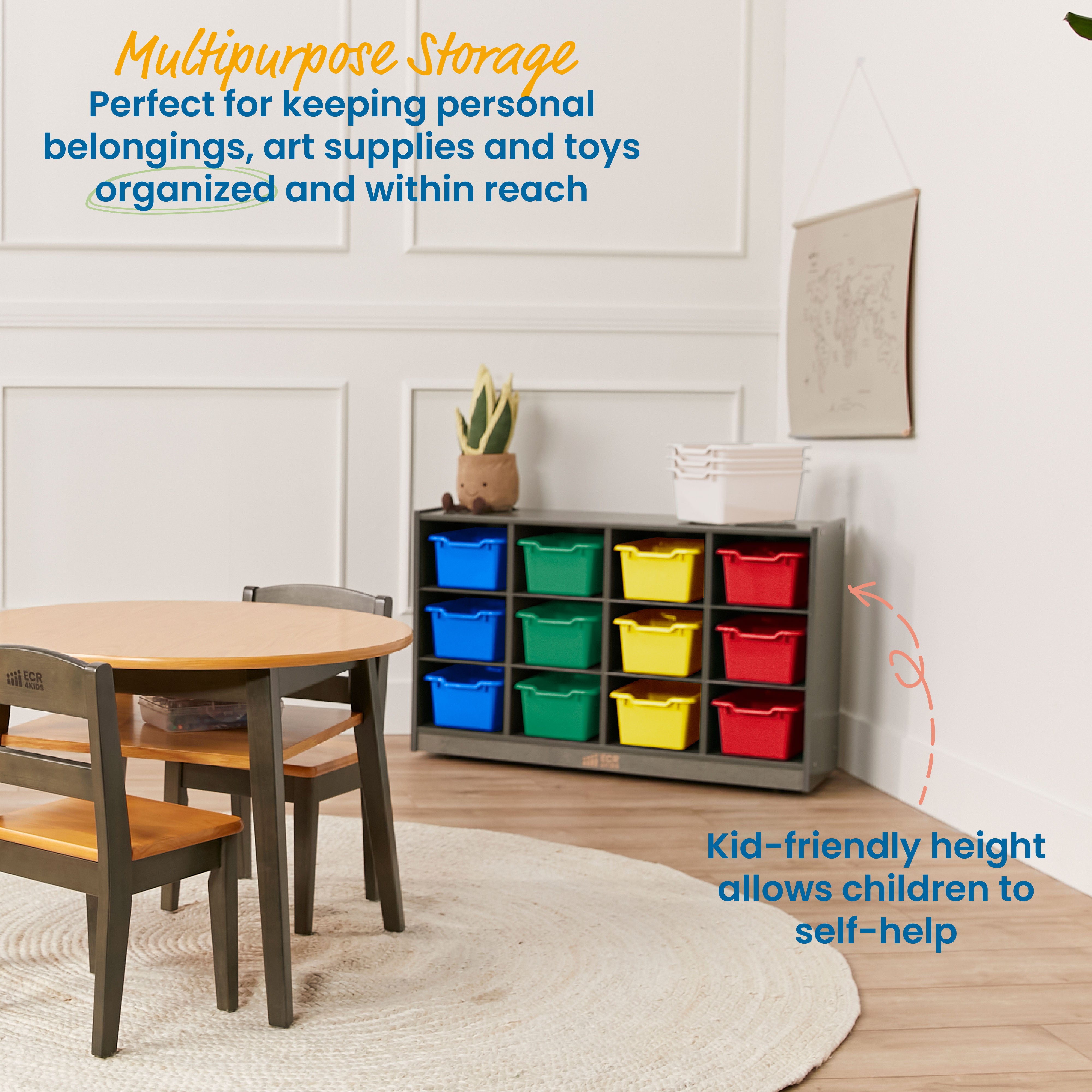 12 Cubby Mobile Tray Cabinet with 15 Scoop Front Storage Bins, 3x4, Grey Wash