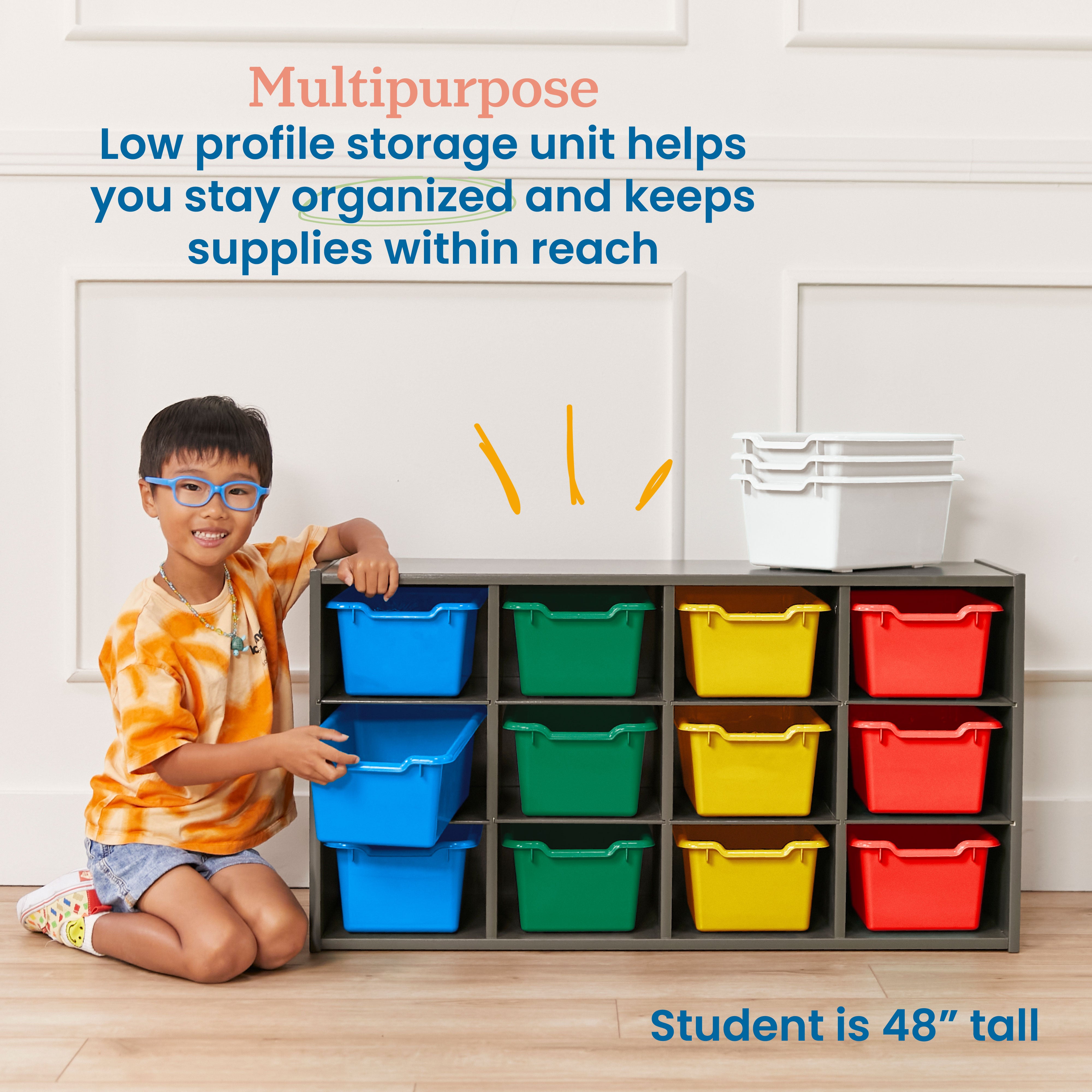 Streamline 12 Cubby Tray Cabinet with Scoop Front Storage Bins, 3x4, Grey Wash, Classroom Furniture