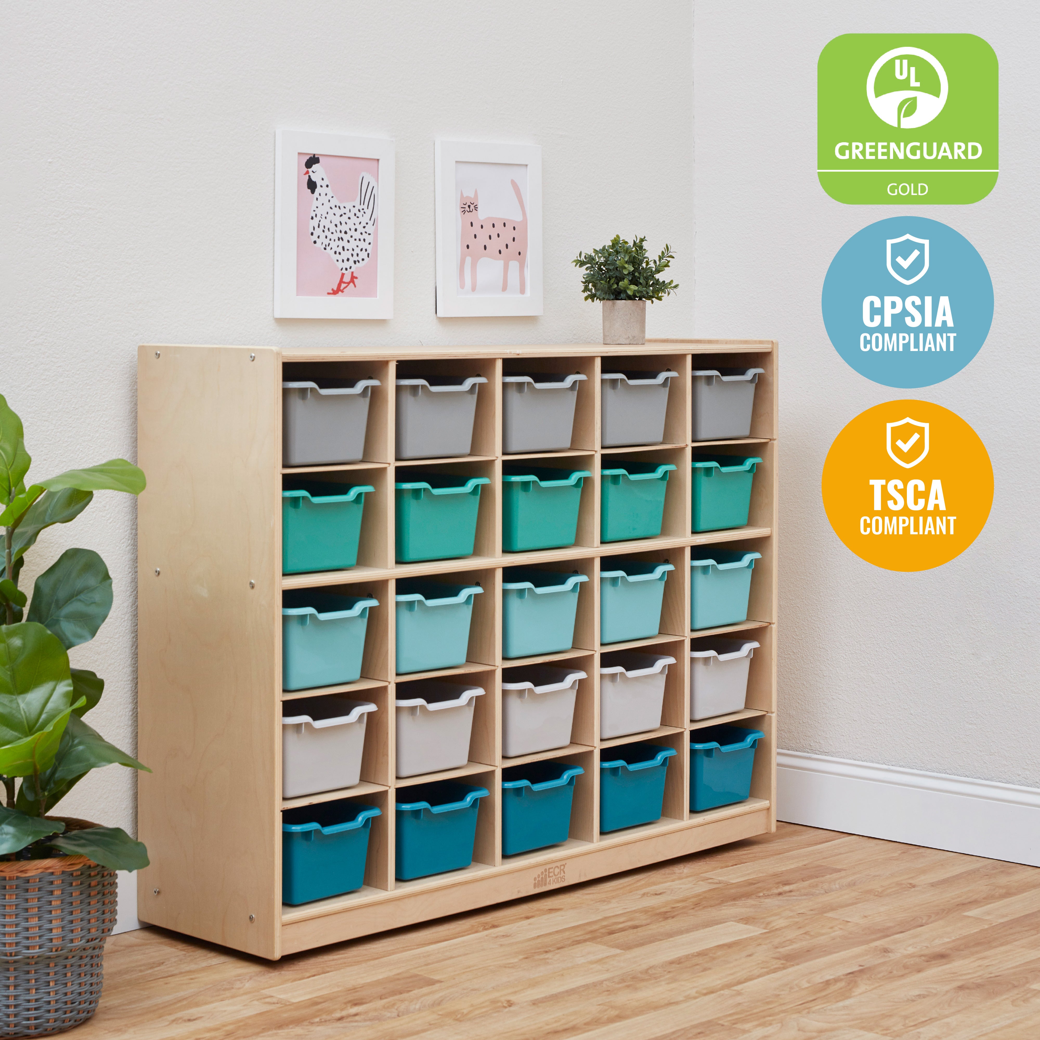 25 Cubby Mobile Tray Cabinet with Scoop Front Storage Bins, Natural