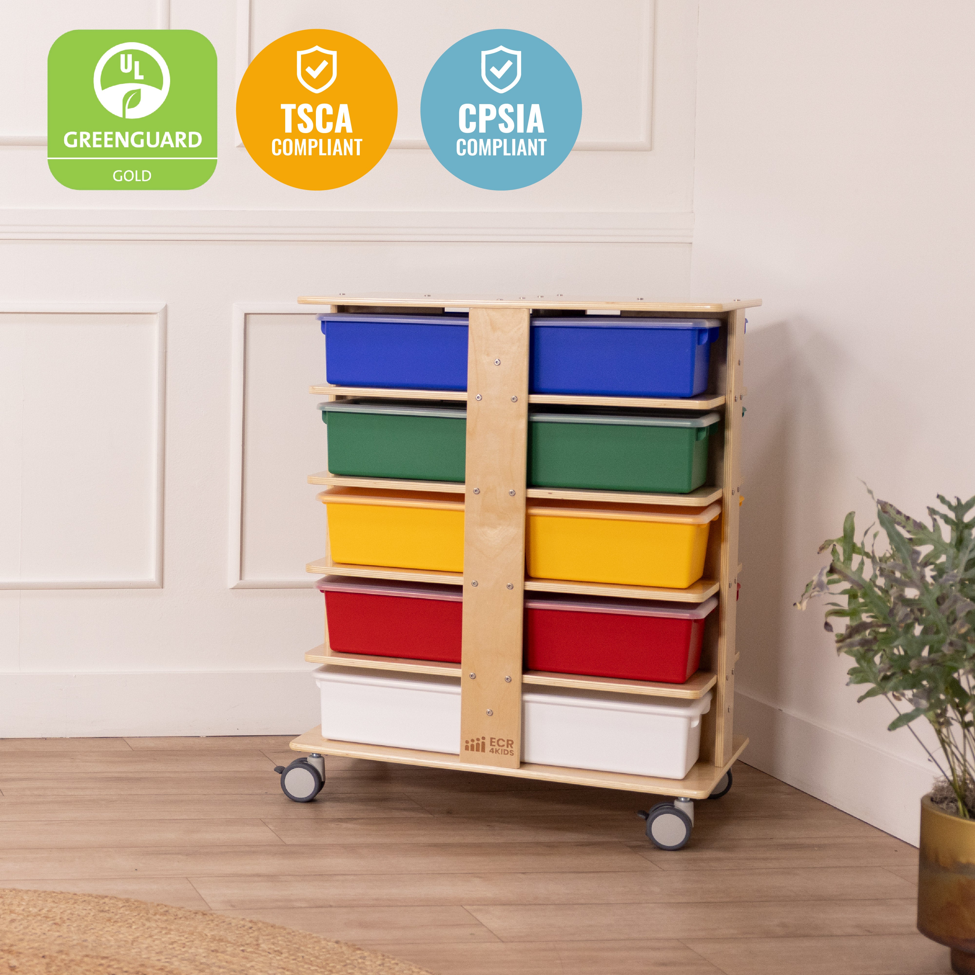 20-Compartment Mobile Storage Tower with Cubby Bins with Lids, 5x4, Natural