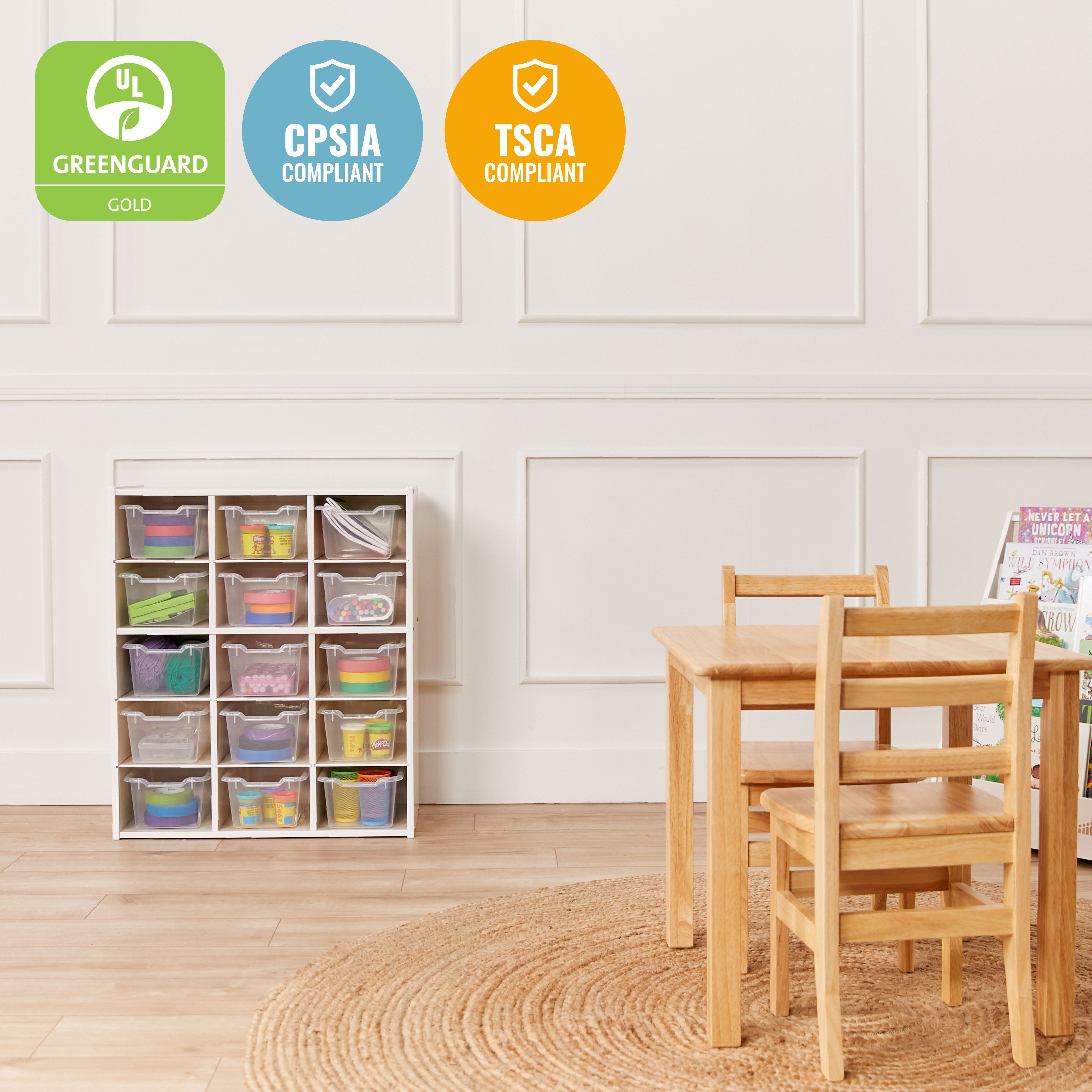 Streamline 15 Cubby Tray Cabinet with 15 Scoop Front Storage Bins, 5x3, White Wash