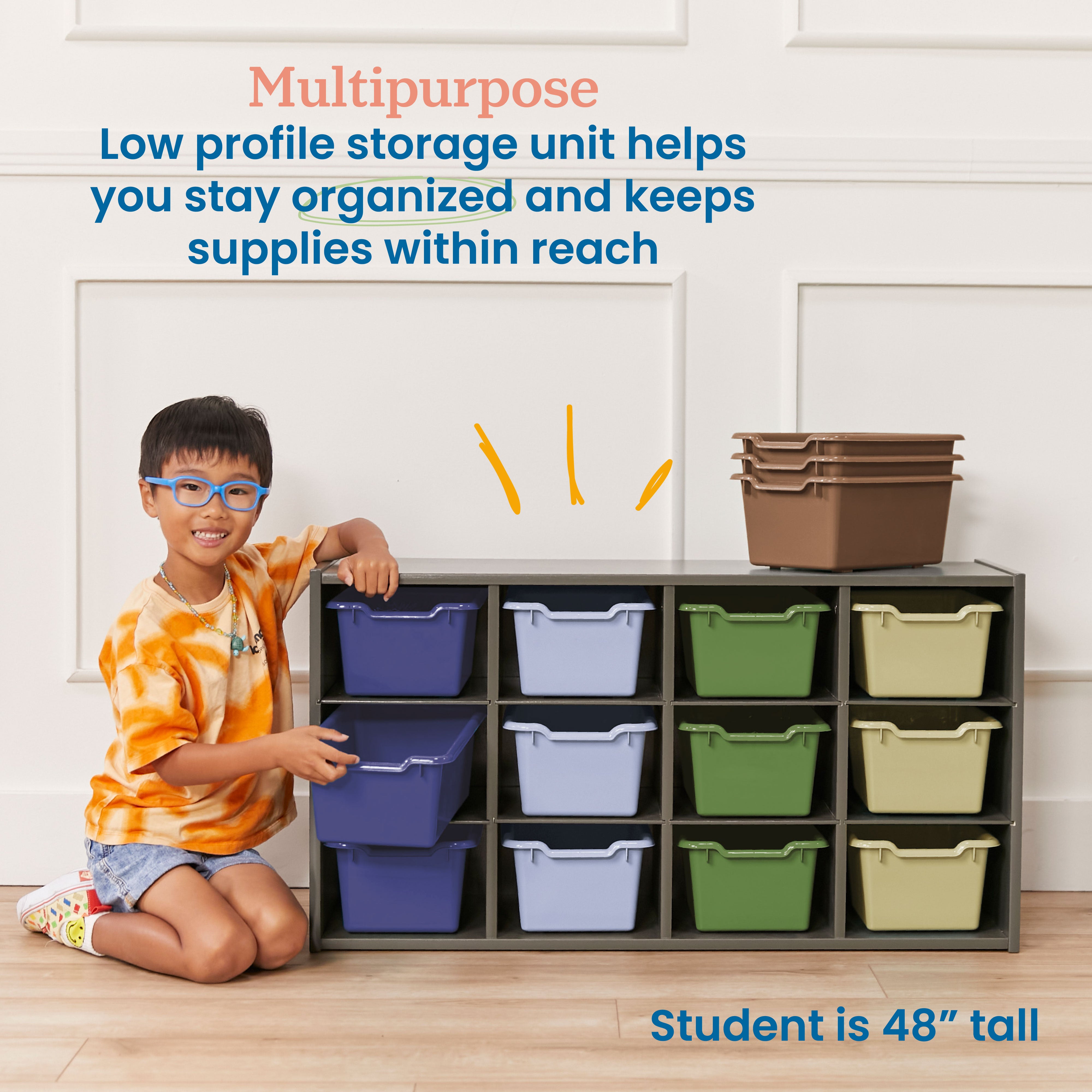 Streamline 12 Cubby Tray Cabinet with Scoop Front Storage Bins, 3x4, Grey Wash, Classroom Furniture