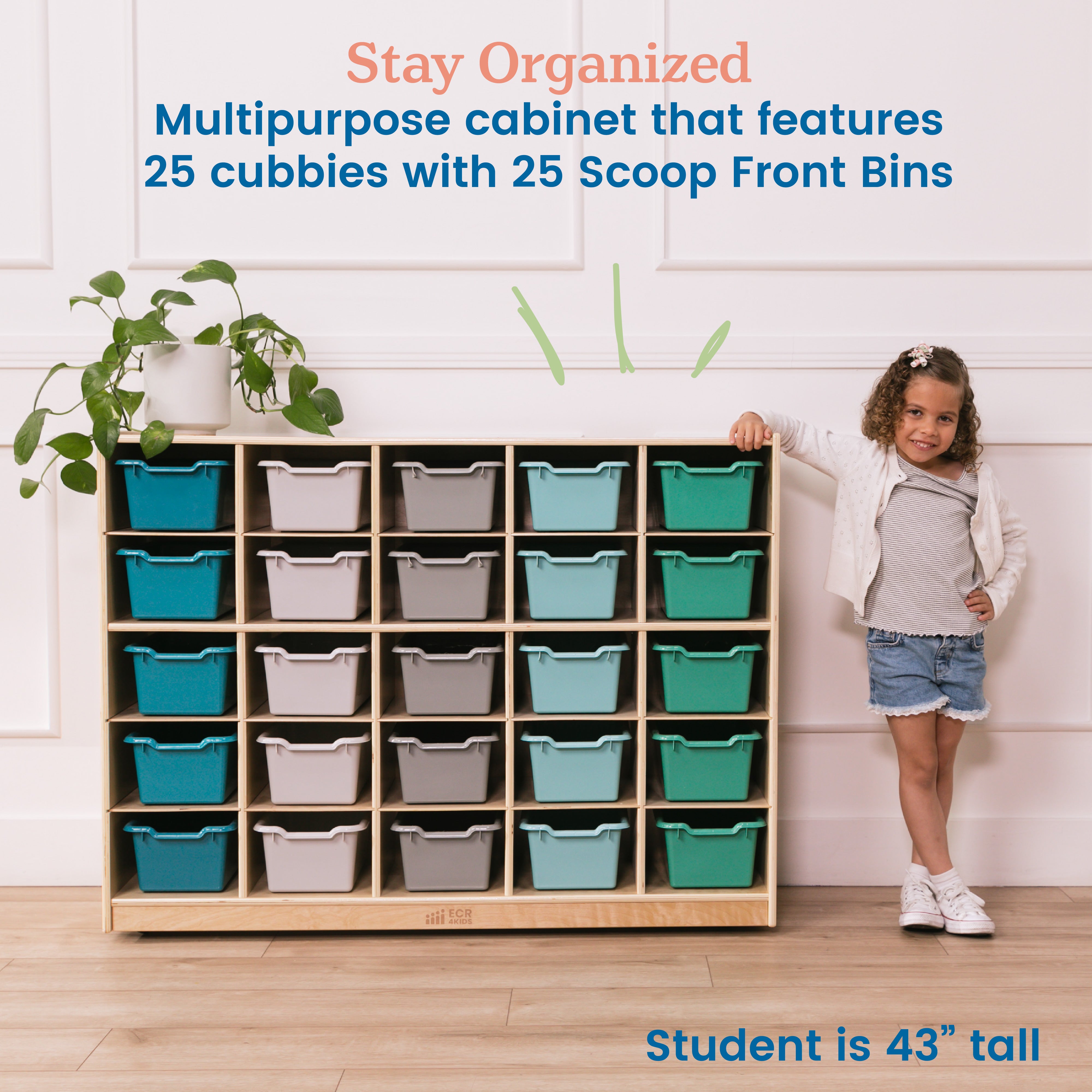 25 Cubby Mobile Tray Cabinet with Scoop Front Storage Bins, Natural