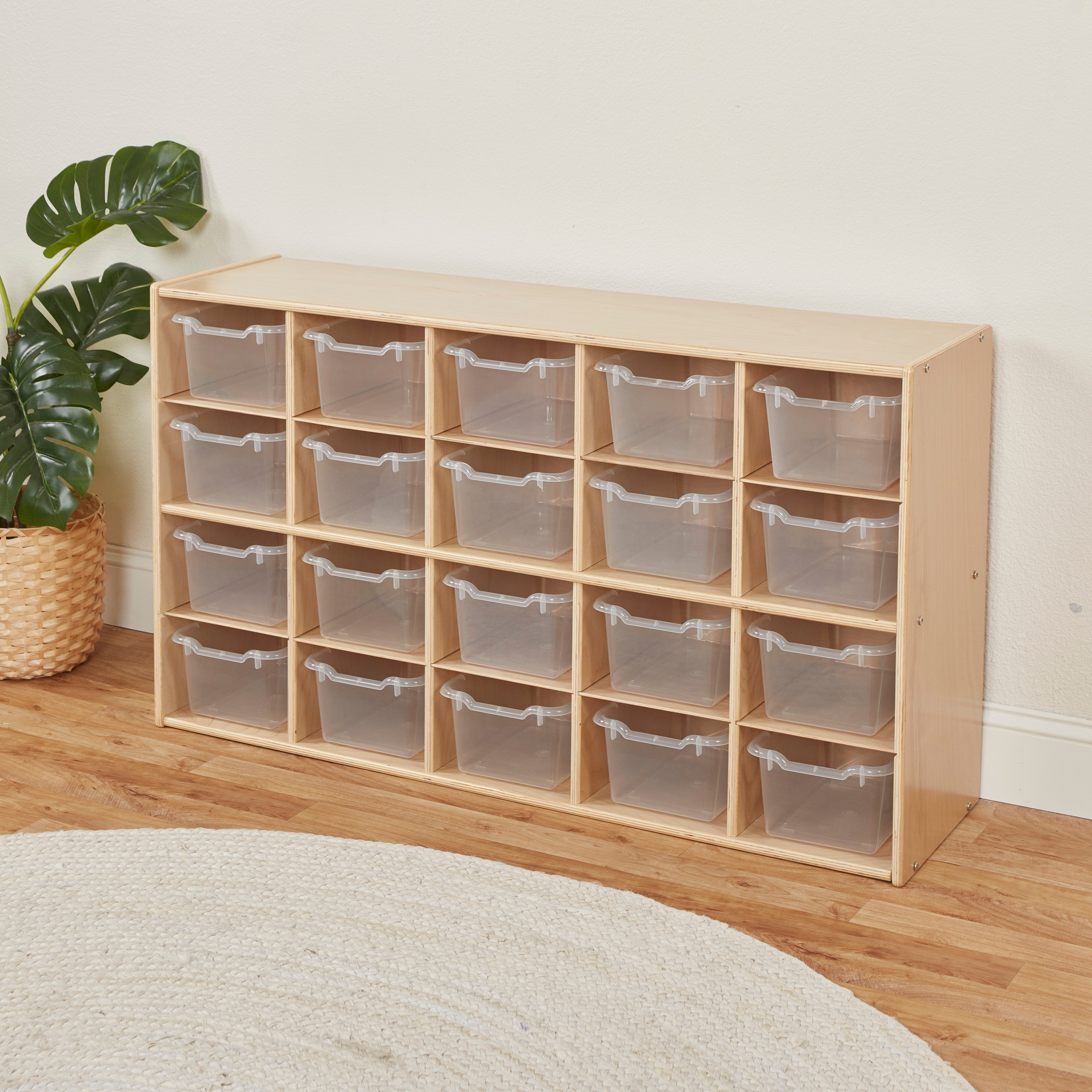 Streamline 20 Cubby Tray Storage Cabinet with 20 Scoop Front Storage Bins, 4x5, Natural