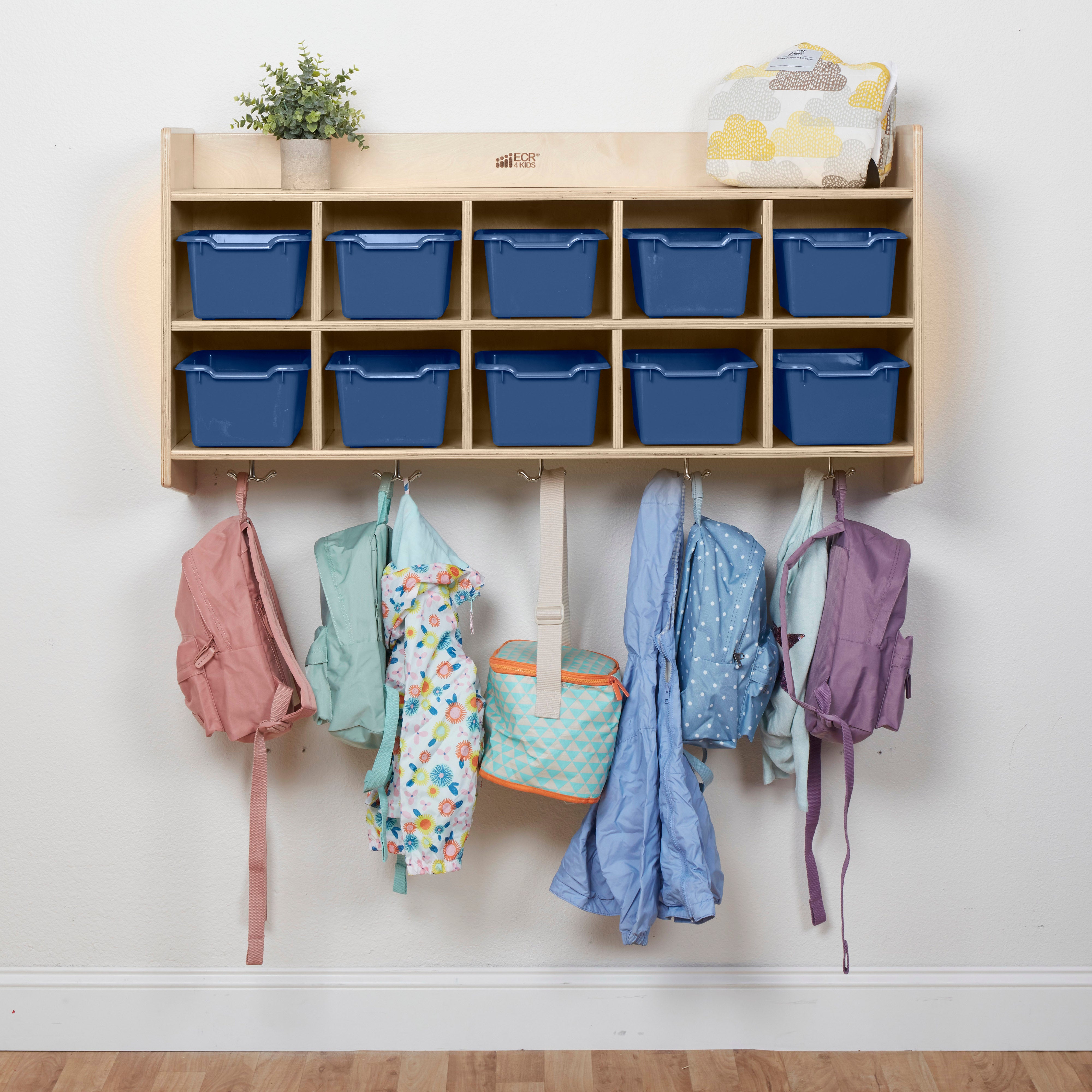 10-Section Hanging Coat Locker with Shelf and Scoop Front Storage Bins, Natural