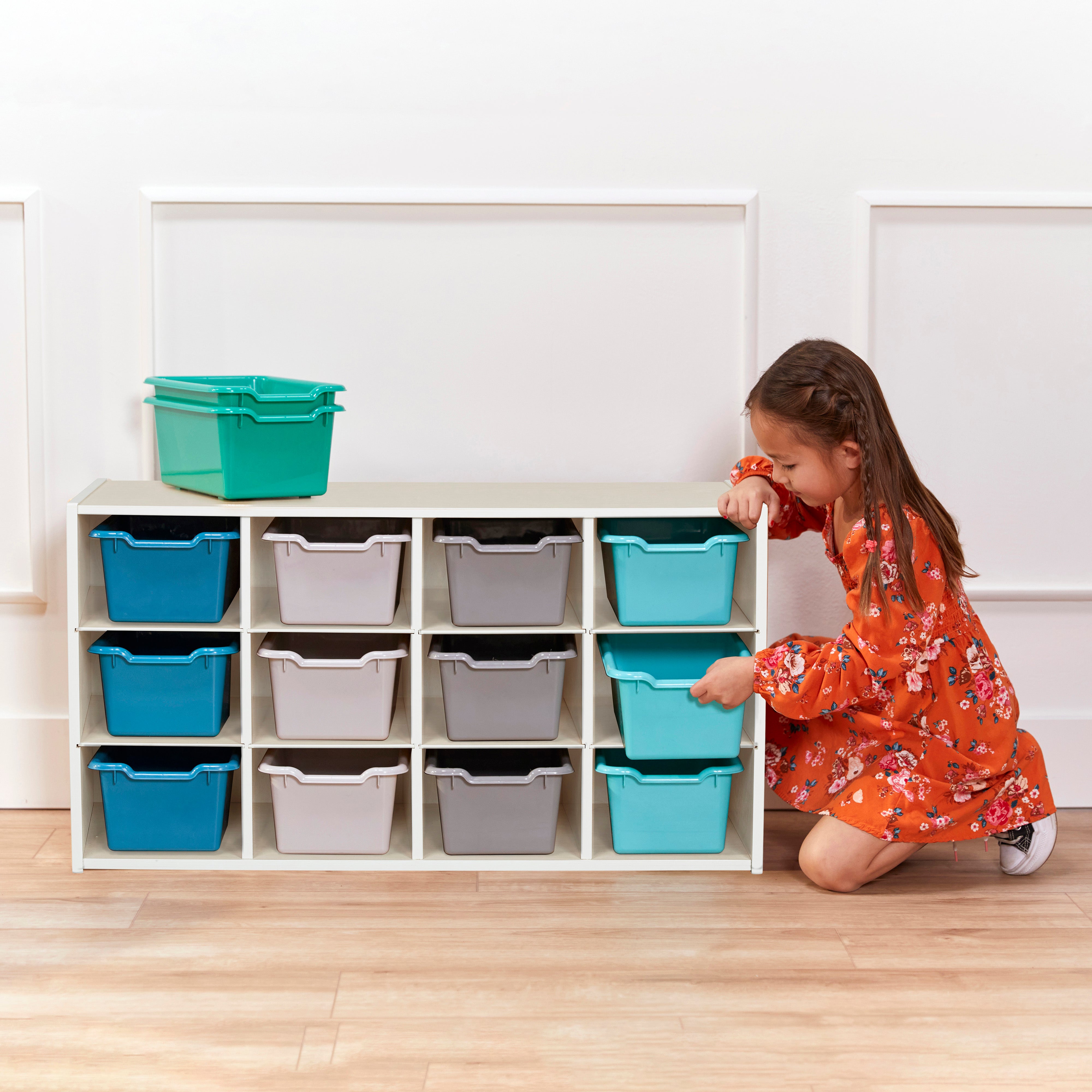 Streamline 12 Cubby Tray Cabinet with 15 Scoop Front Storage Bins, 3x4, White Wash