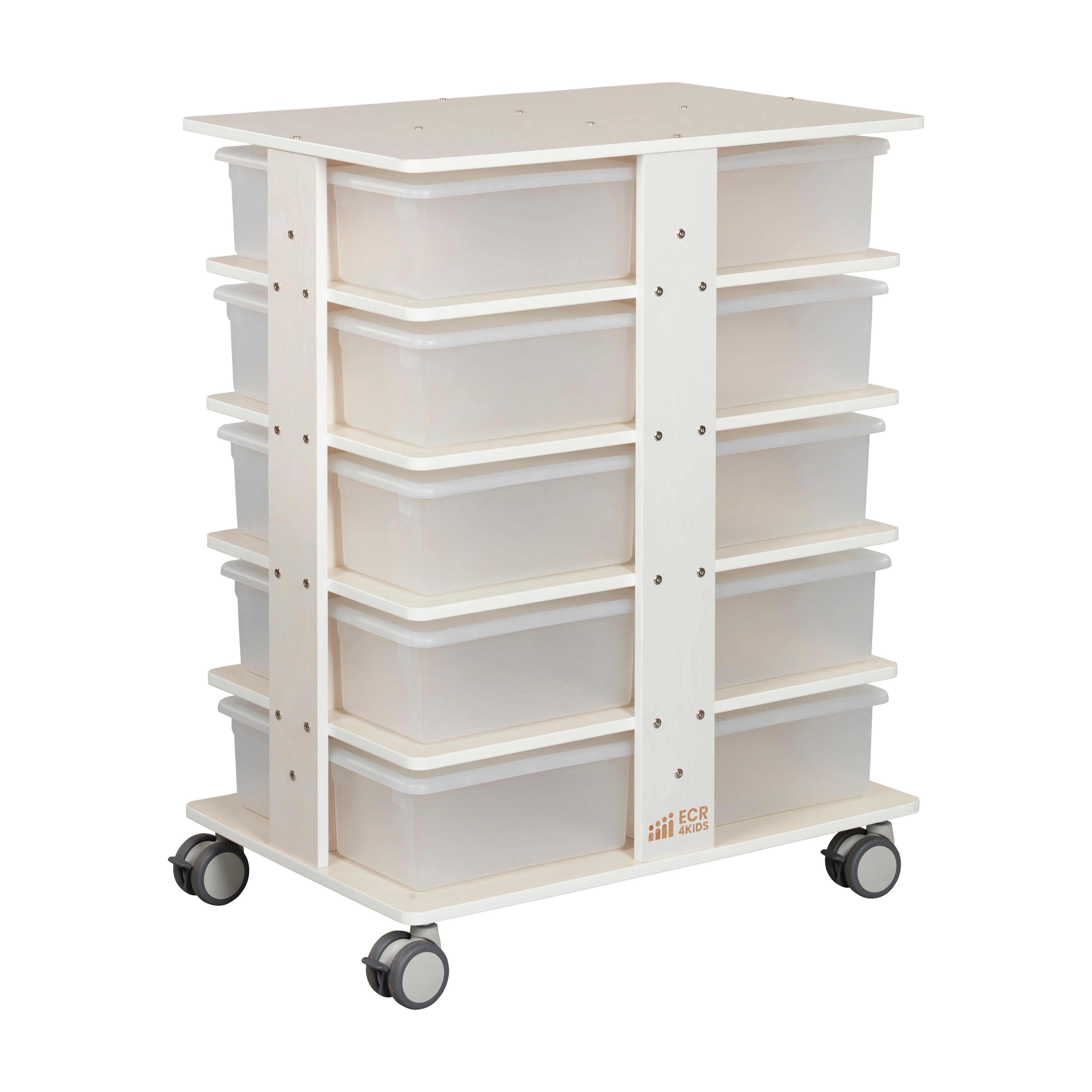 20-Compartment Mobile Storage Tower with Cubby Bins with Lids, 5x4, White Wash, Classroom Furniture