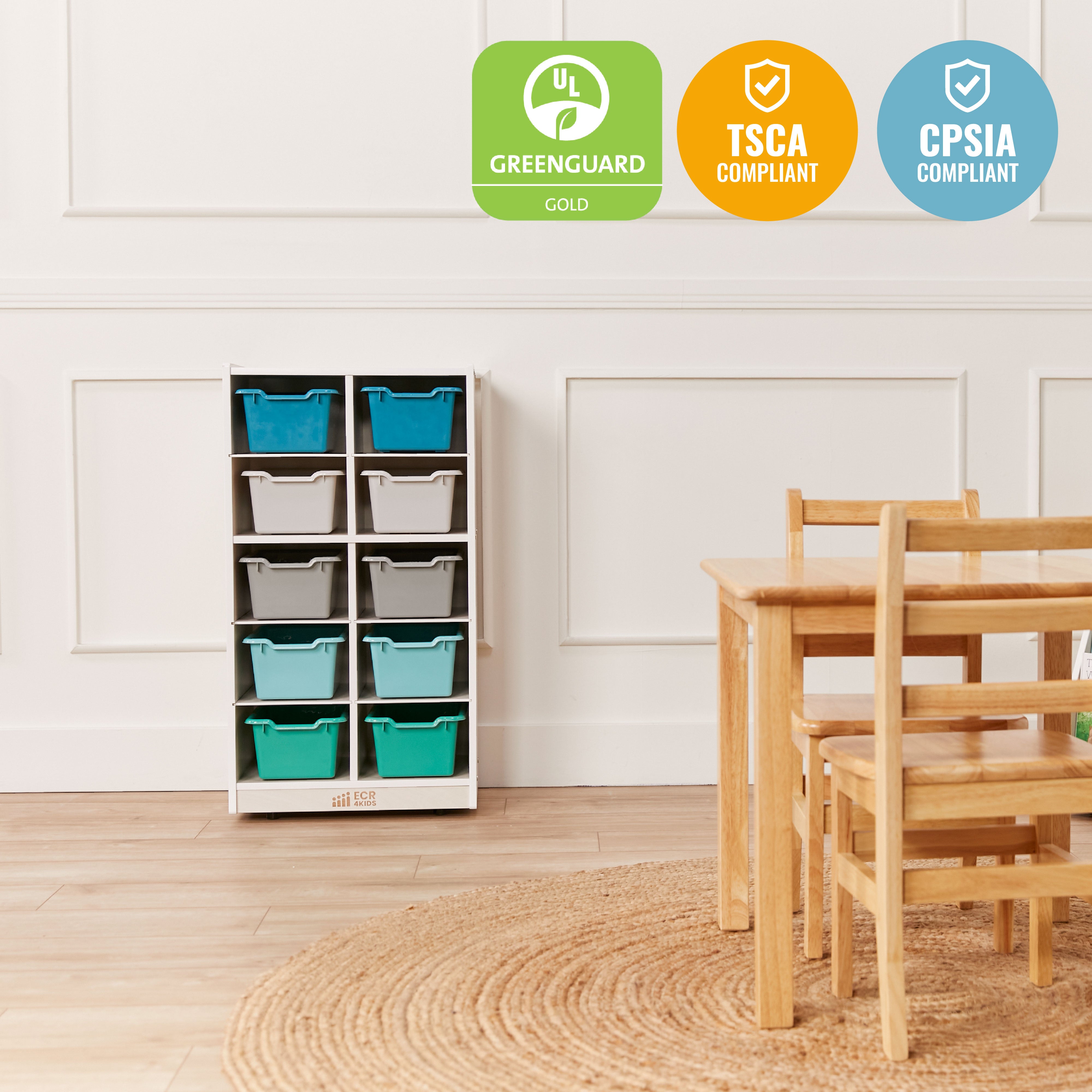 10 Cubby Mobile Tray Cabinet with 10 Scoop Front Storage Bins, 5x2, White Wash