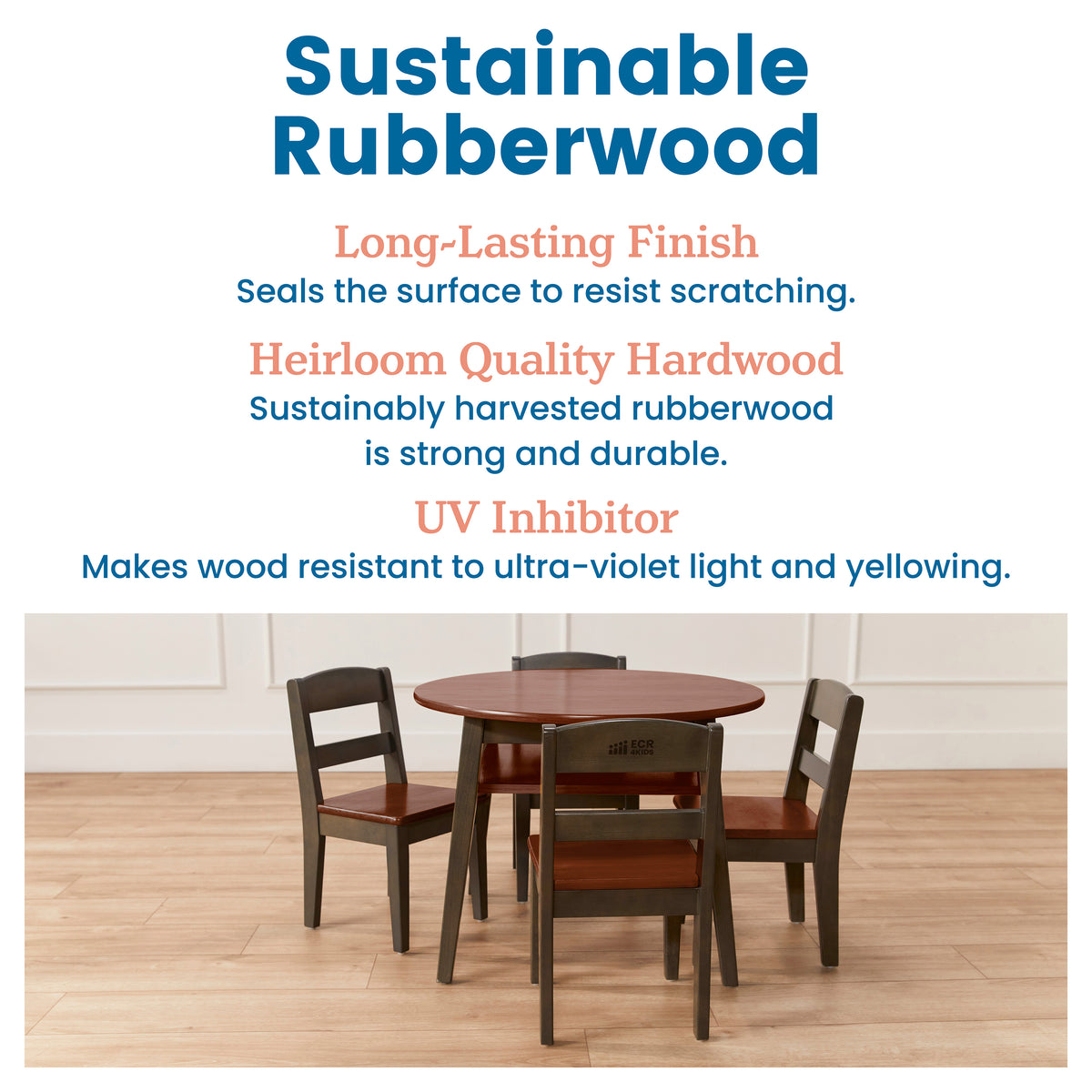 Round rubberwood table with four matching chairs and storage shelf in two-tone finish.