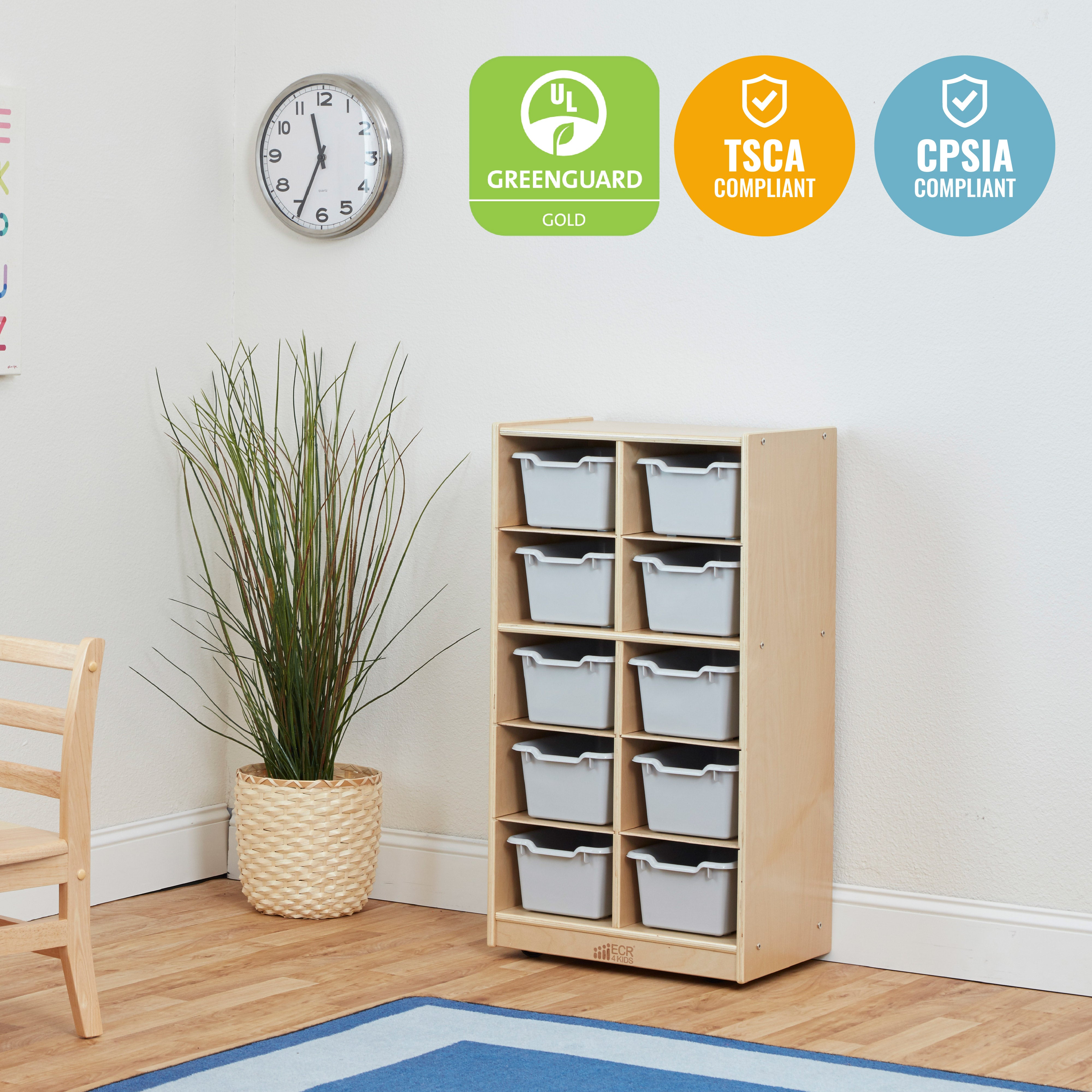 10 Cubby Mobile Tray Cabinet and 10 Scoop Front Bins, 5x2