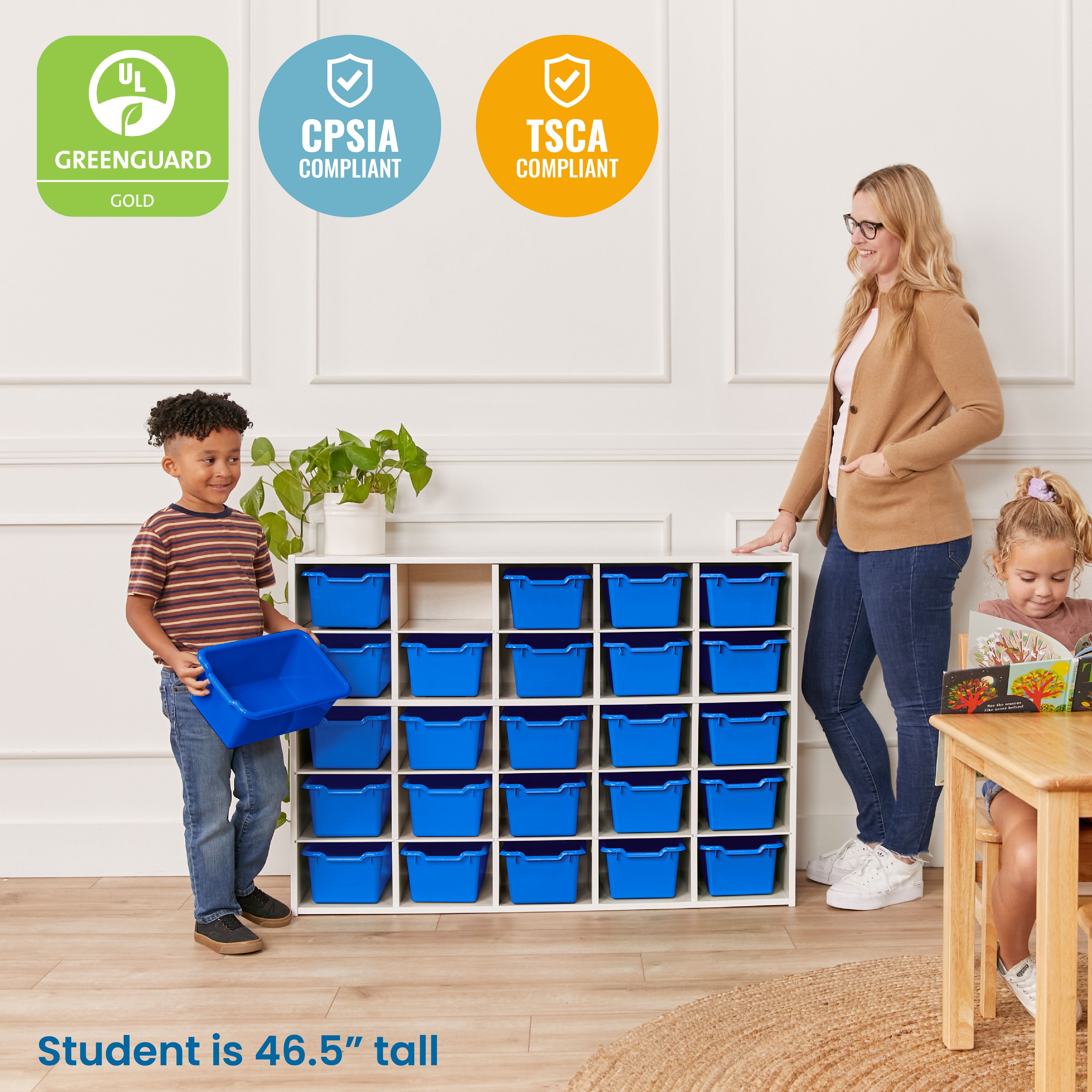 Streamline 25 Cubby Tray Cabinet with 25 Scoop Front Storage Bins, 5x5, White Wash