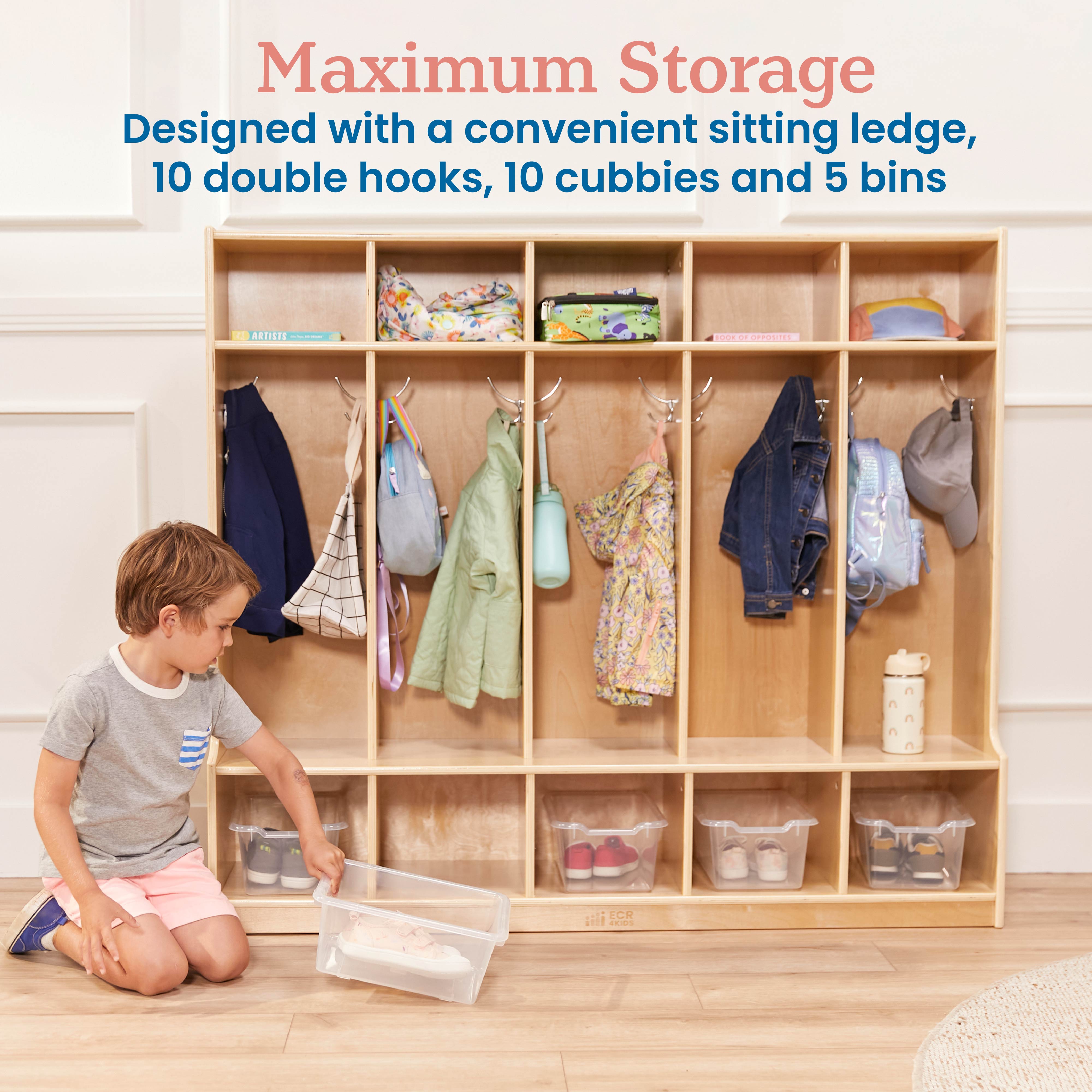 5-Section Coat Locker with Bench and Scoop Front Storage Bins, Natural