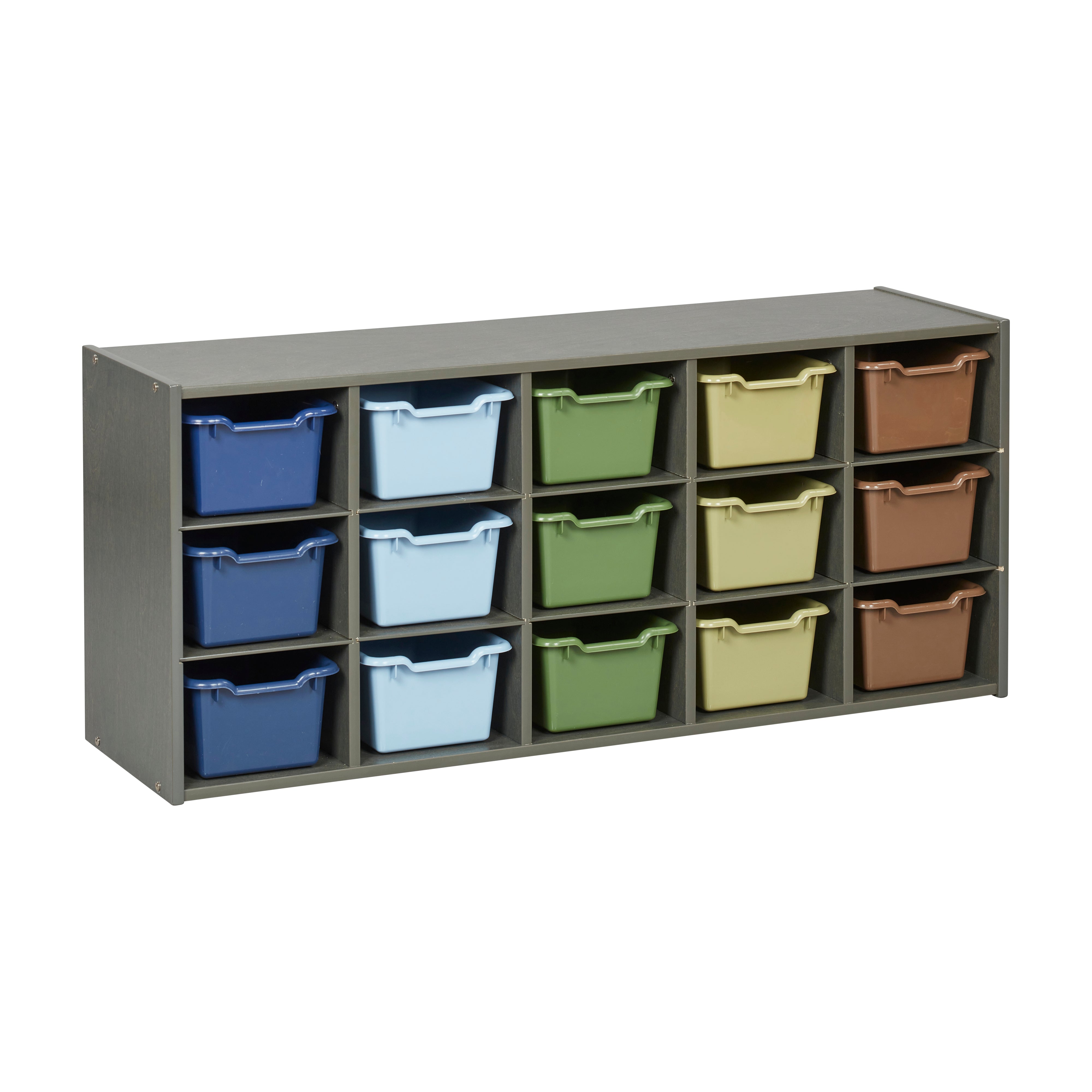 Streamline 15 Cubby Tray Cabinet with 15 Scoop Front Storage Bins, 3x5, Grey Wash