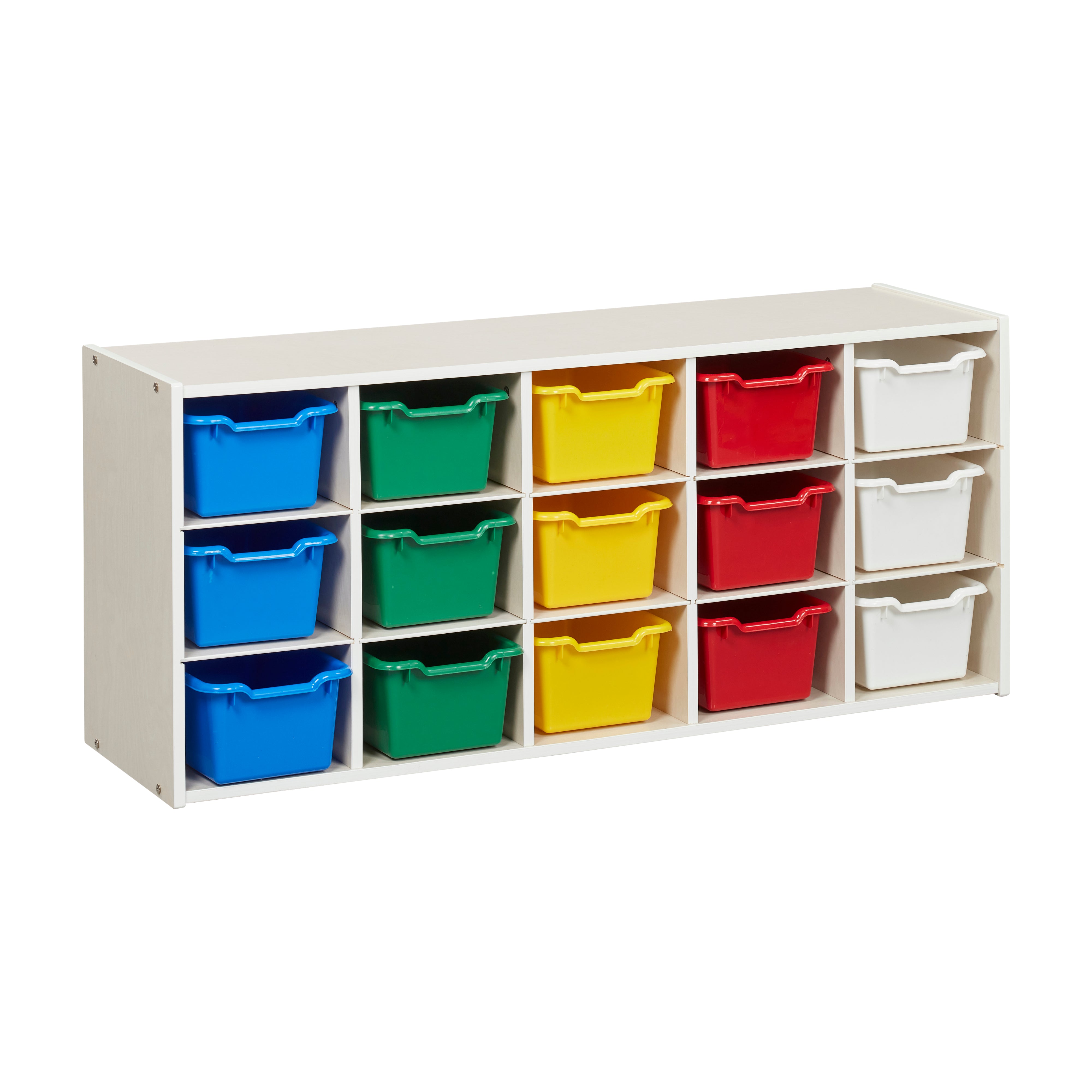 Streamline 15 Cubby Tray Cabinet with 15 Scoop Front Storage Bins, 3x5, White Wash