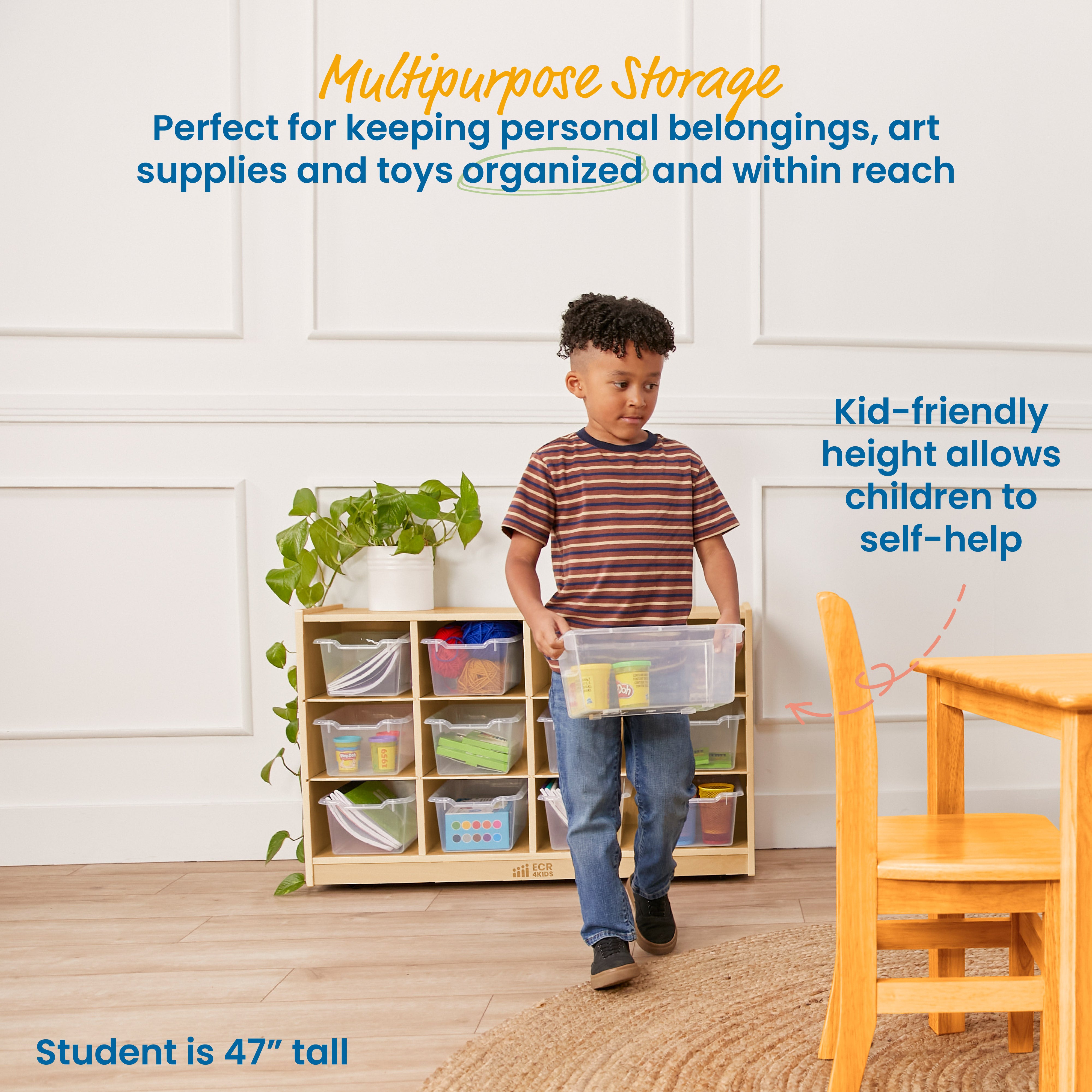 12 Cubby Mobile Tray Cabinet with 15 Scoop Front Storage Bins, 3x4, Natural