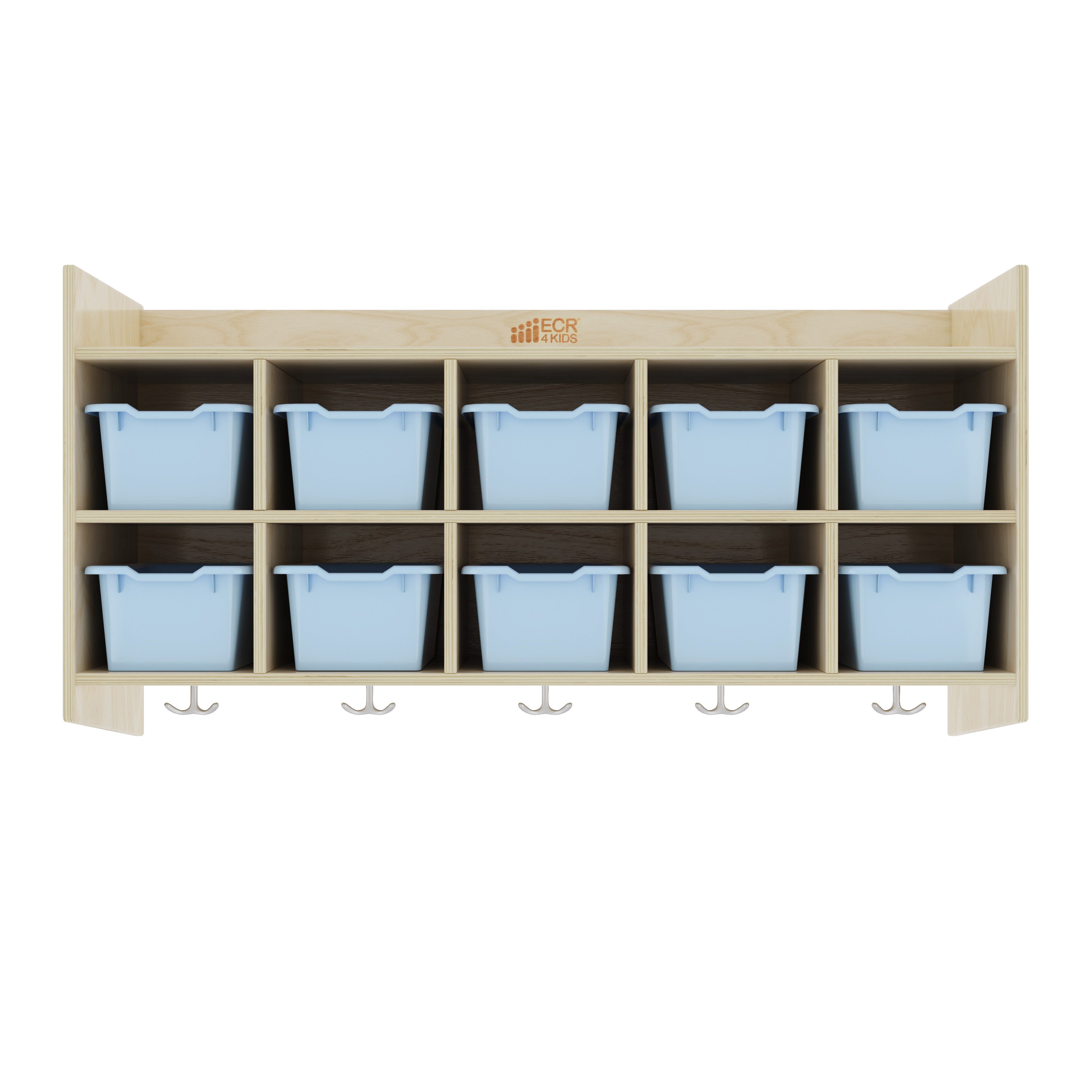 10-Section Hanging Coat Locker with Shelf and Scoop Front Storage Bins, Natural
