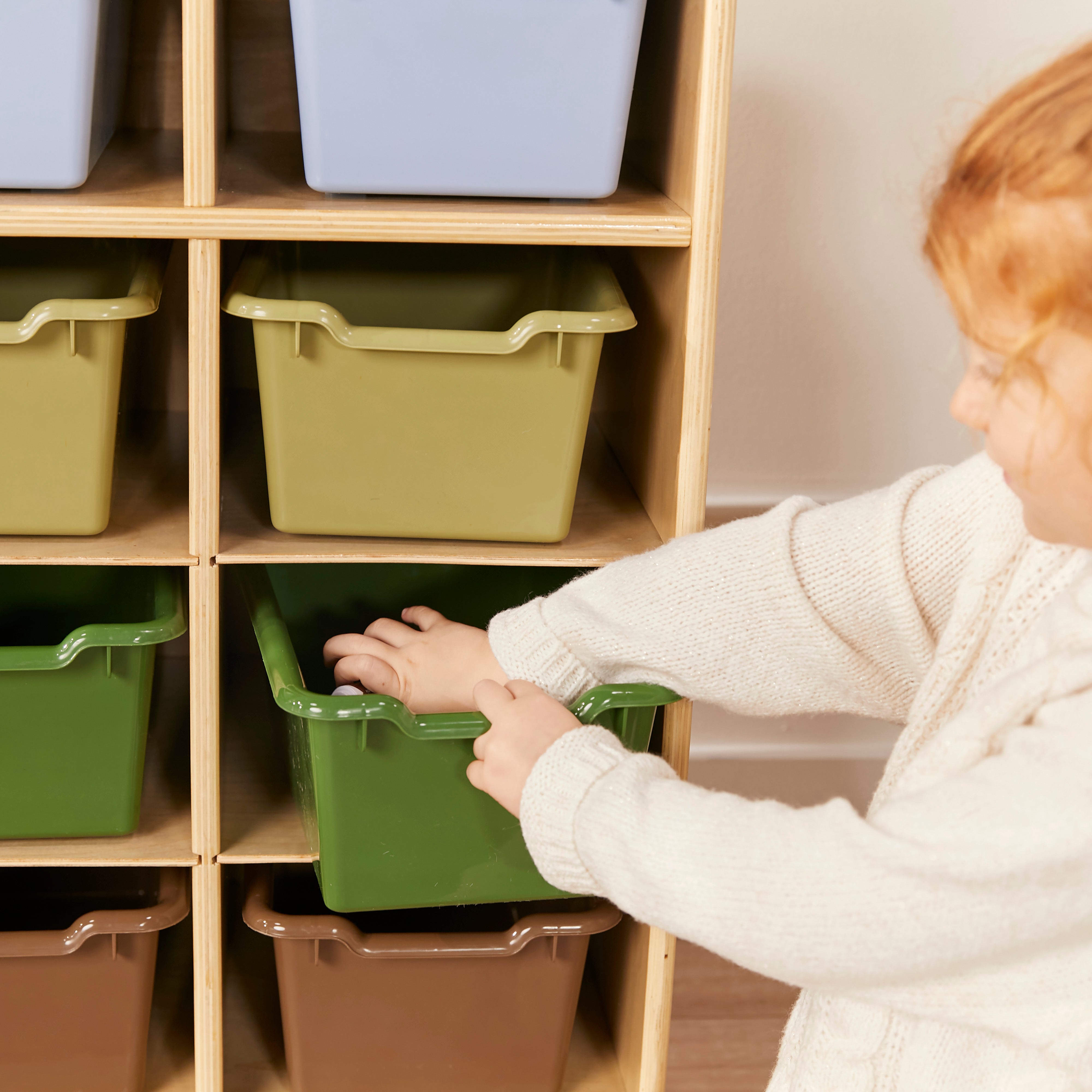 10 Cubby Mobile Tray Cabinet with 10 Scoop Front Storage Bins, 5x2, Natural