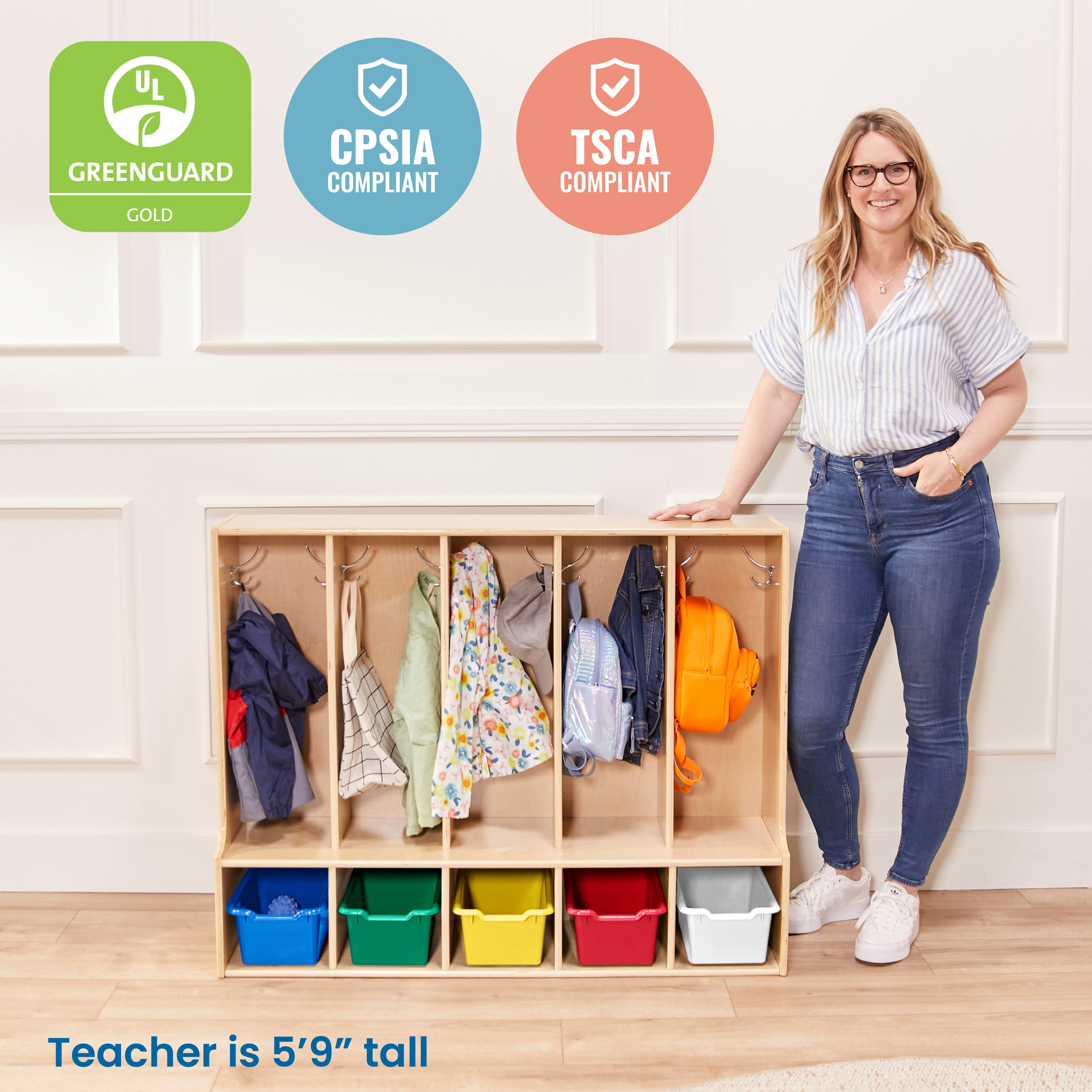 Streamline 5-Section Toddler Coat Locker with Bench and Bins