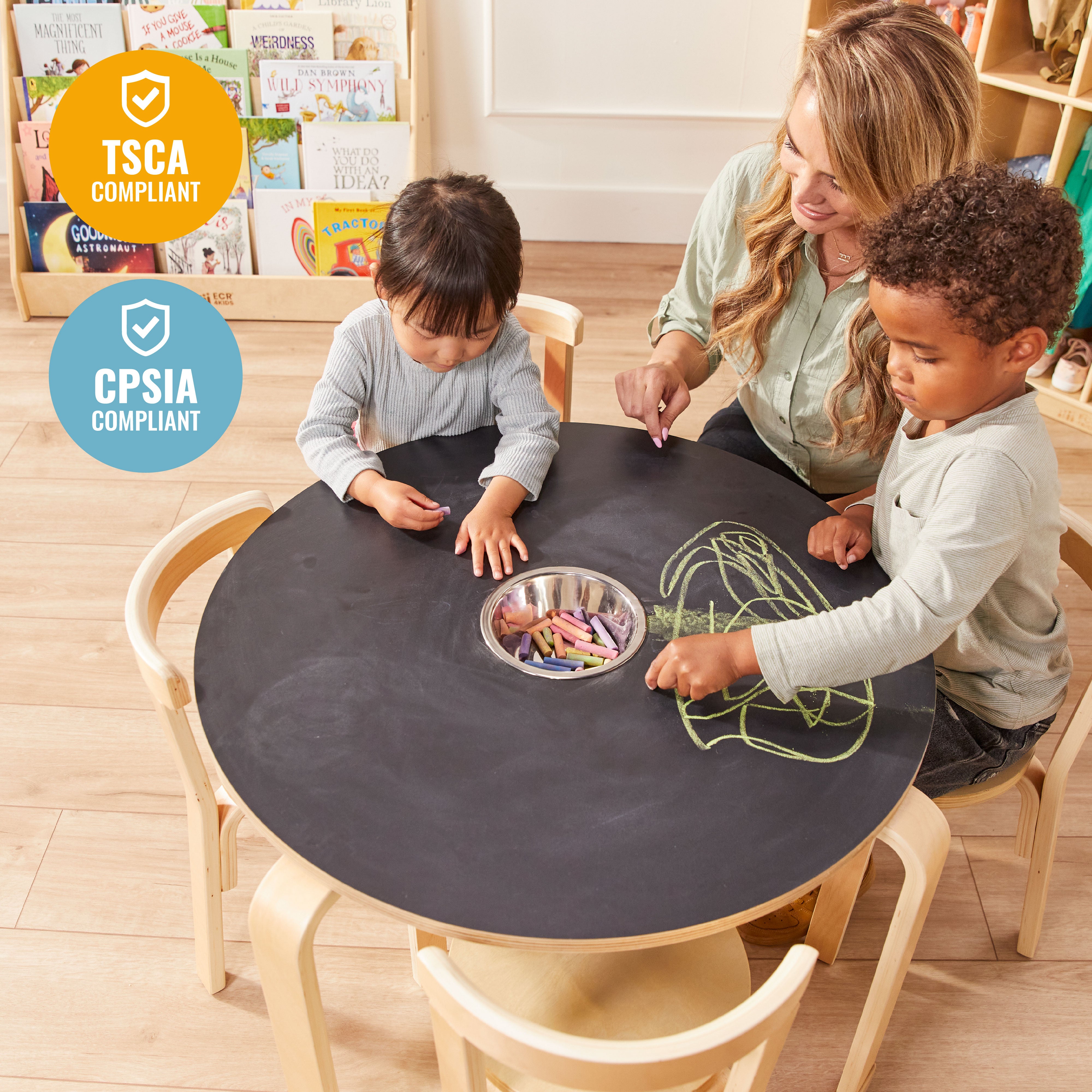 Bentwood Chalkboard Table and Curved Back Chair Set, Kids Furniture, Natural, 5-Piece