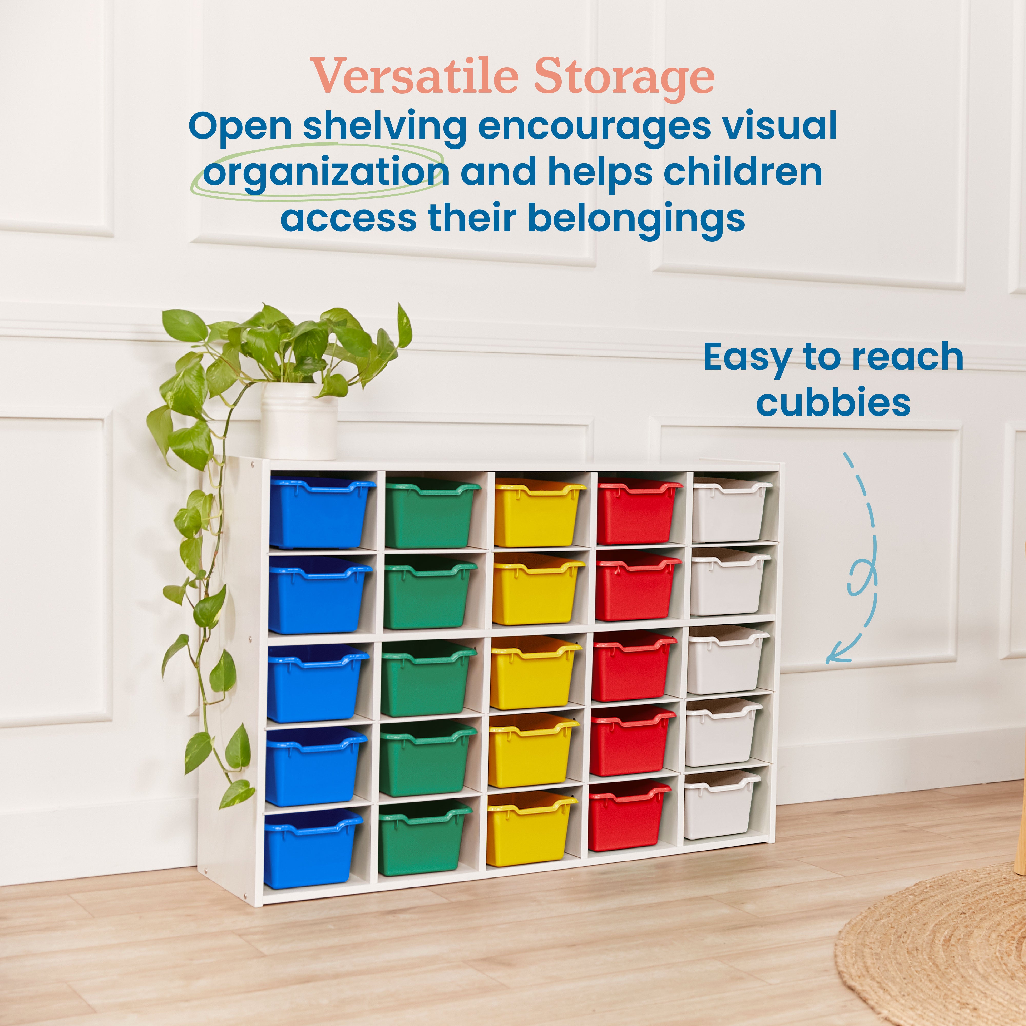 Streamline 25 Cubby Tray Cabinet with 25 Scoop Front Storage Bins, 5x5, White Wash