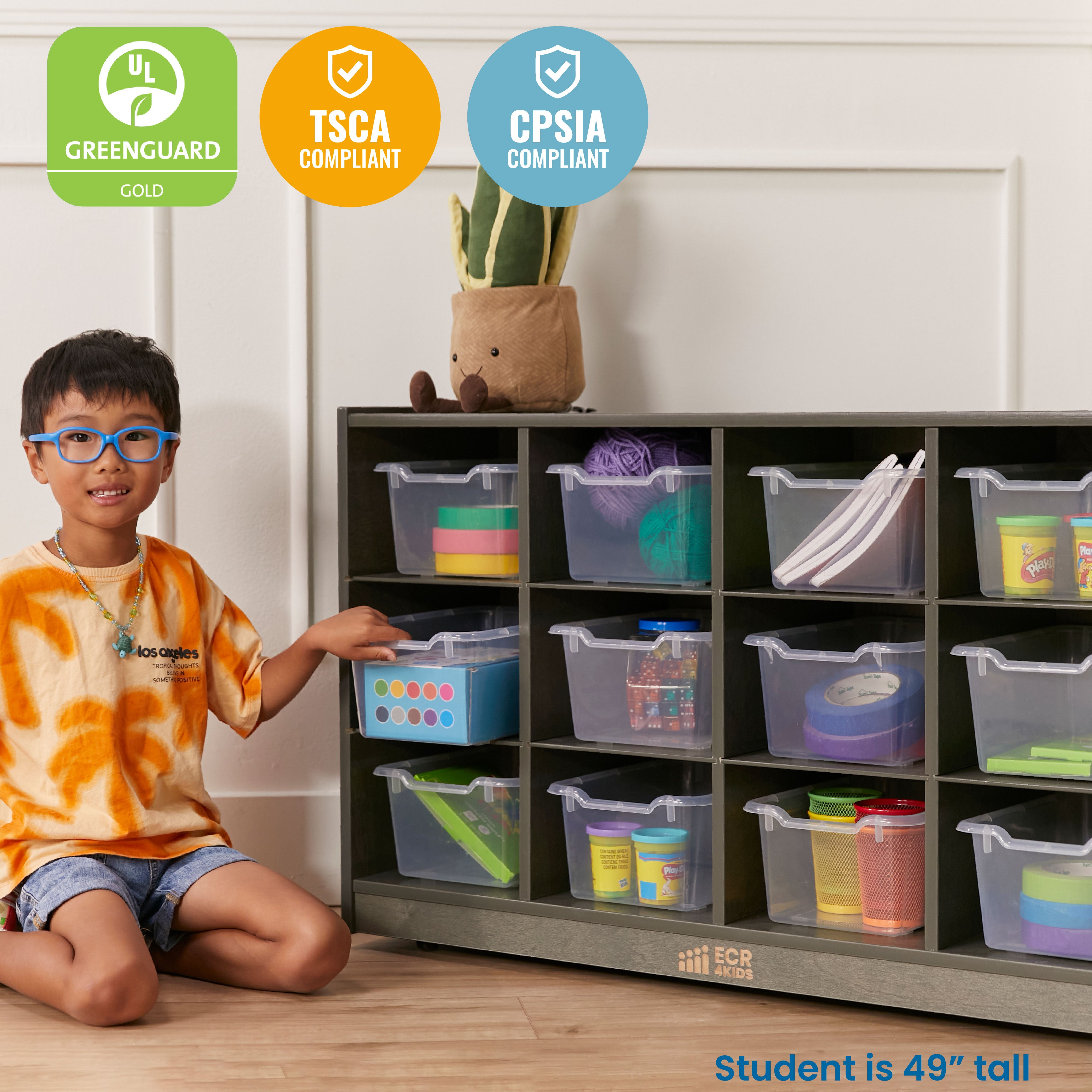 12 Cubby Mobile Tray Cabinet with 15 Scoop Front Storage Bins, 3x4, Grey Wash