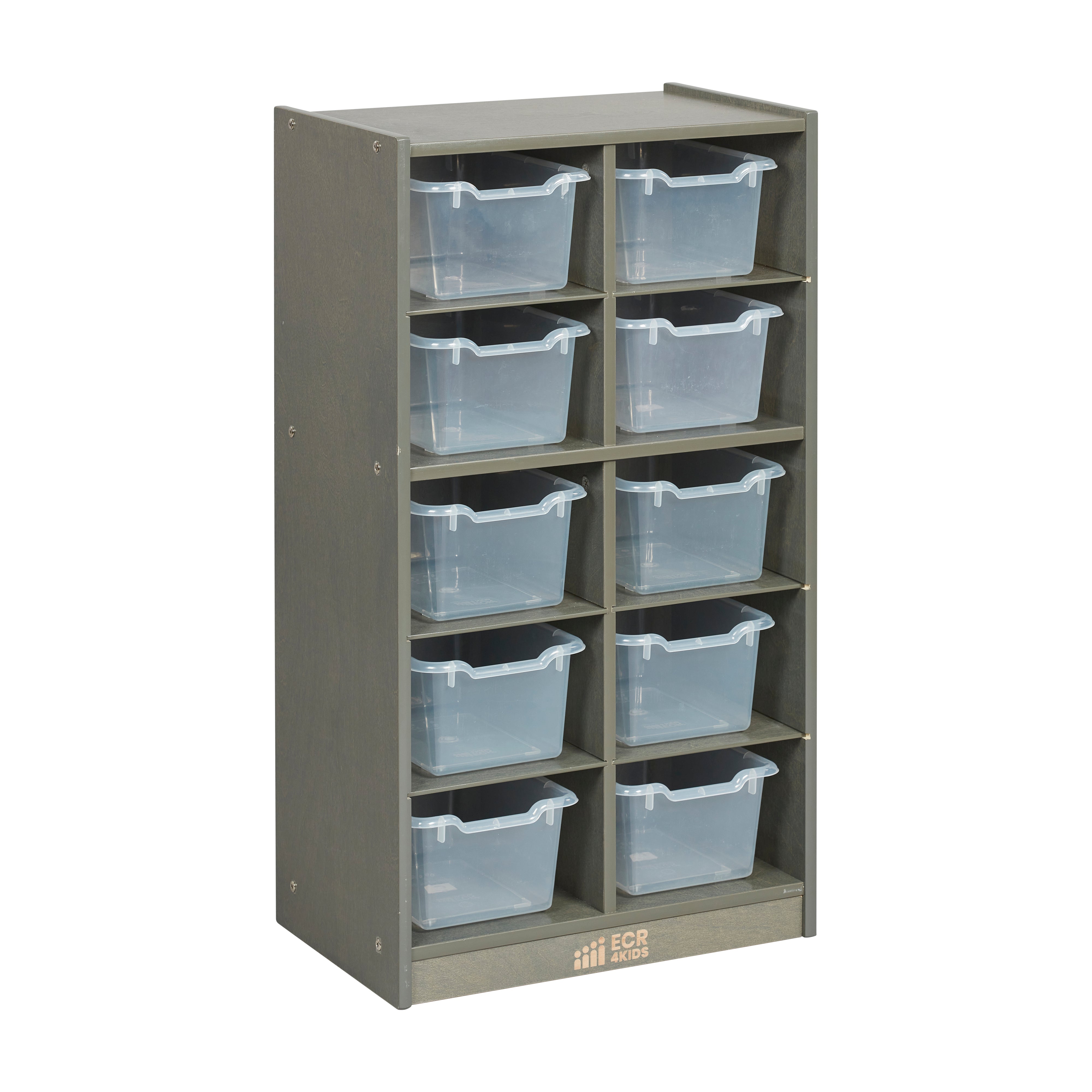10 Cubby Mobile Tray Cabinet with 10 Scoop Front Storage Bins, 5x2, Grey Wash