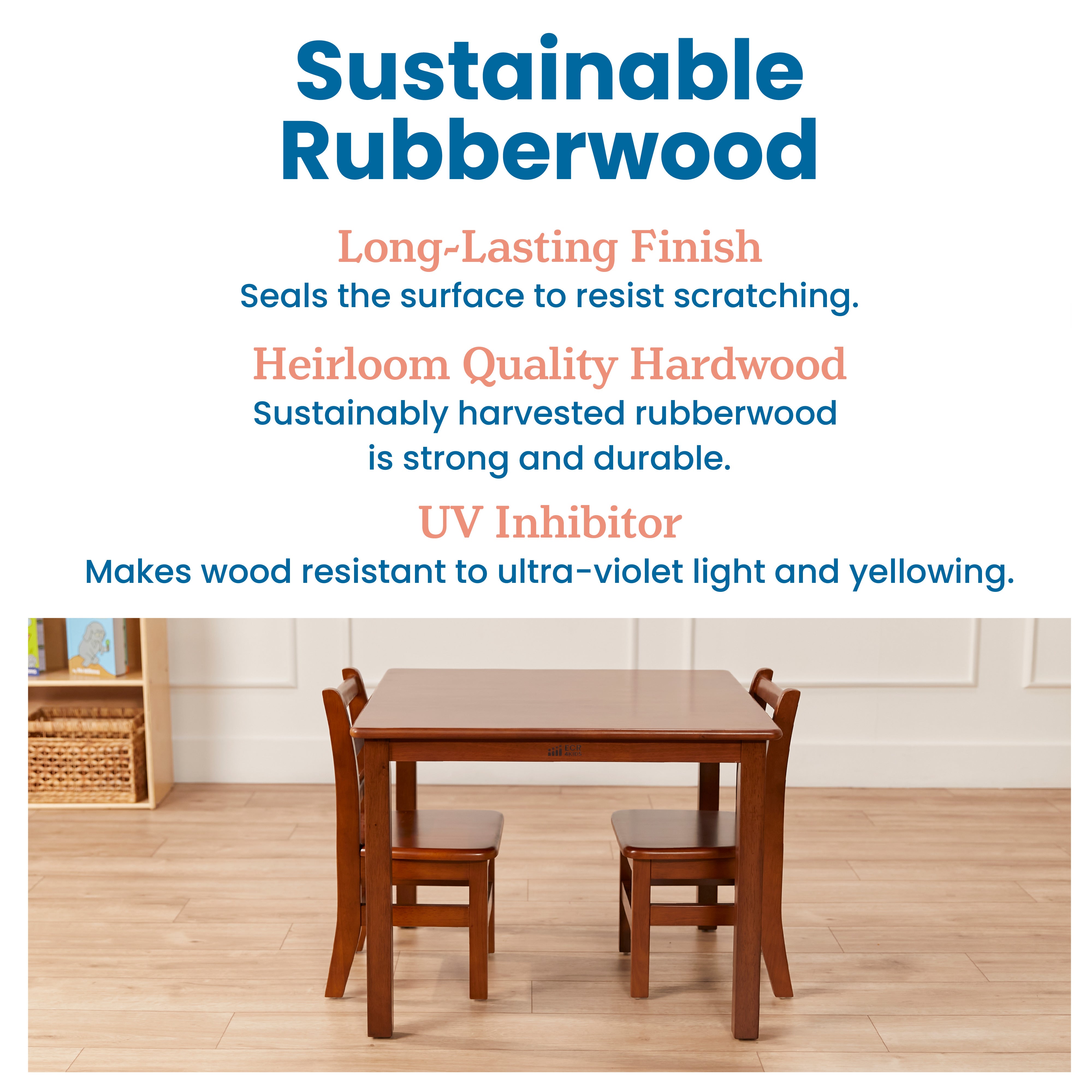 30in x 30in Square Hardwood Table and Chair Set, 12in Seat Height, 3-Piece