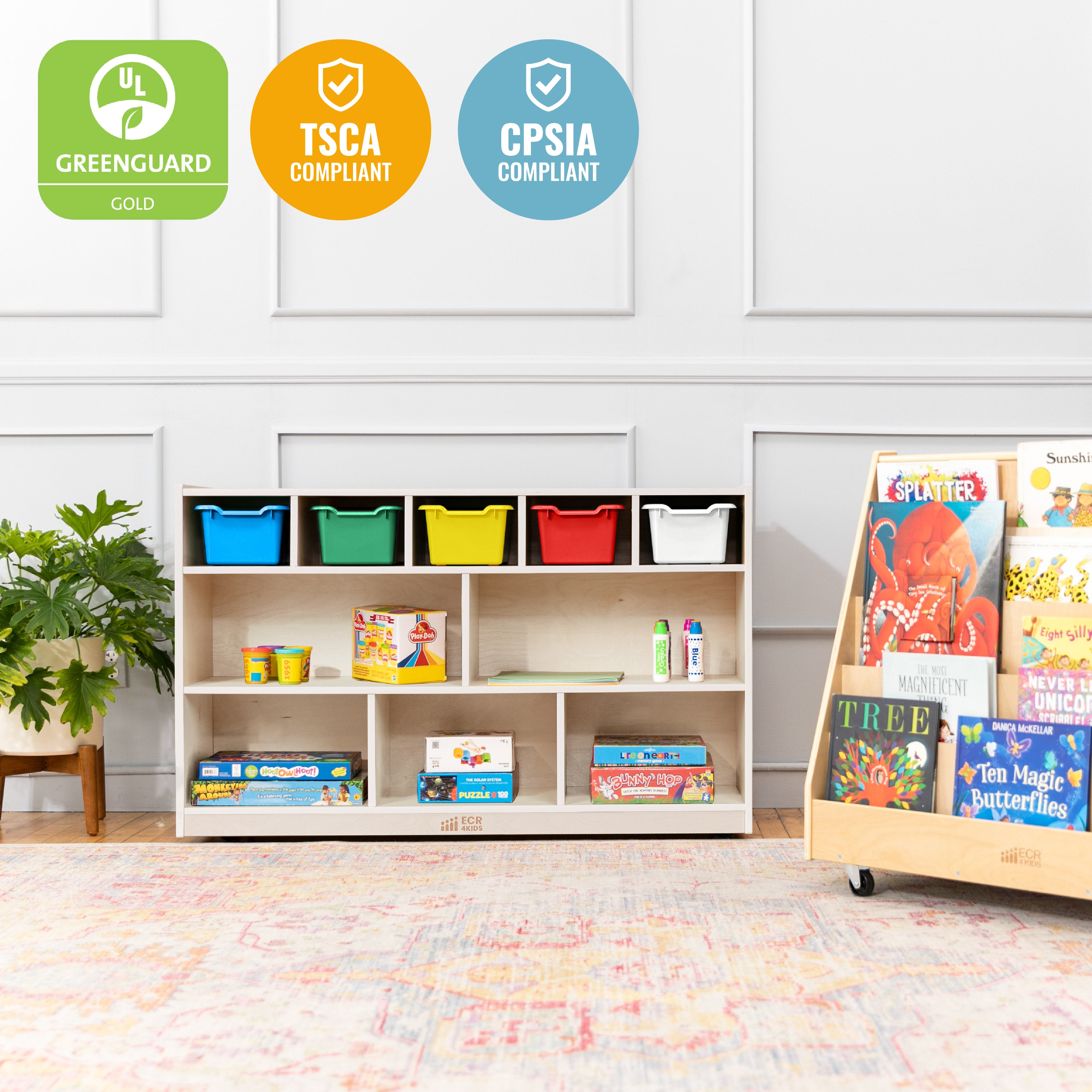 5+5 Mobile Storage and Tray Cabinet with 5 Scoop Front Bins, White Wash