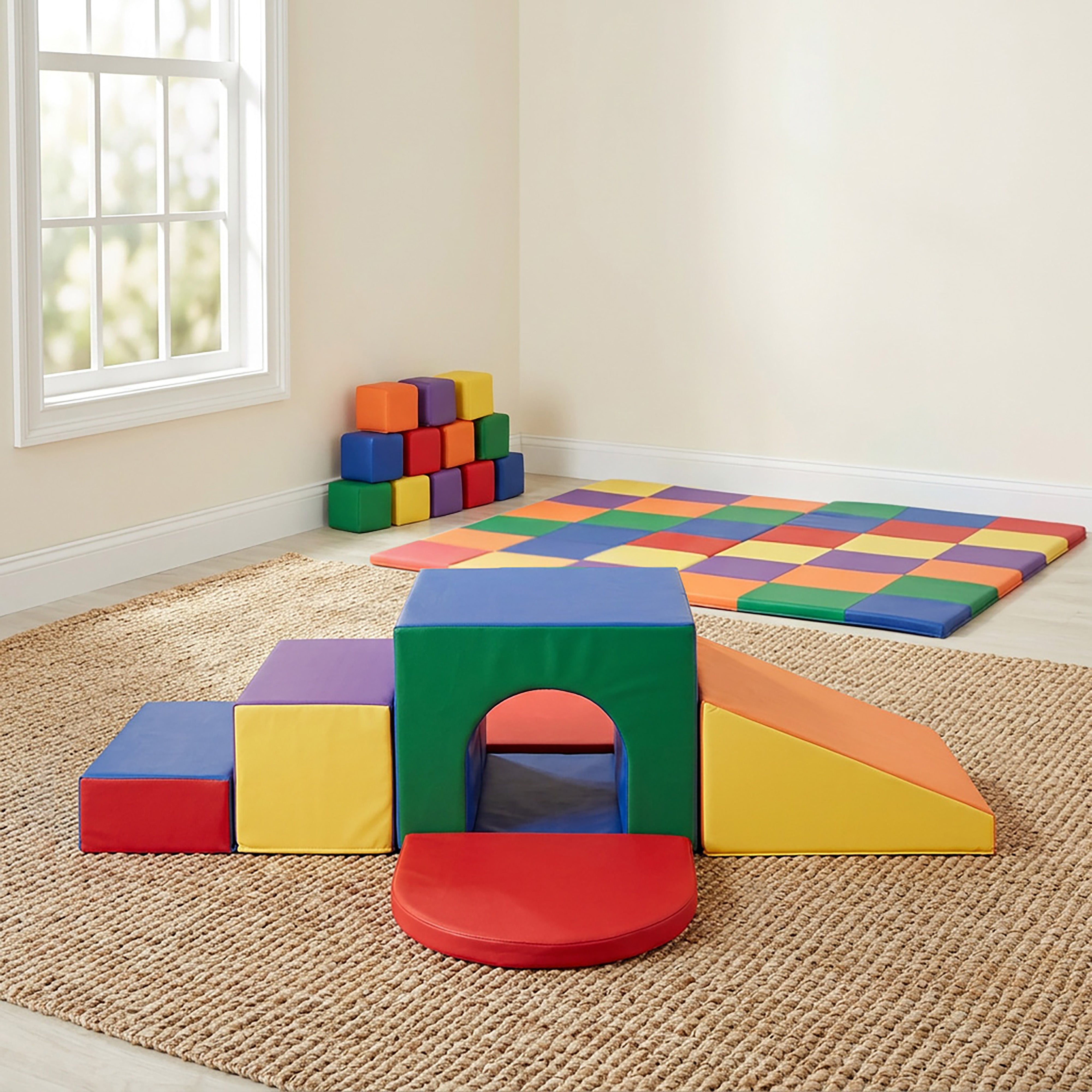 Toddler Gross Motor Development Package with Tunnel Maze, Soft Blocks and Activity Mat, Assorted
