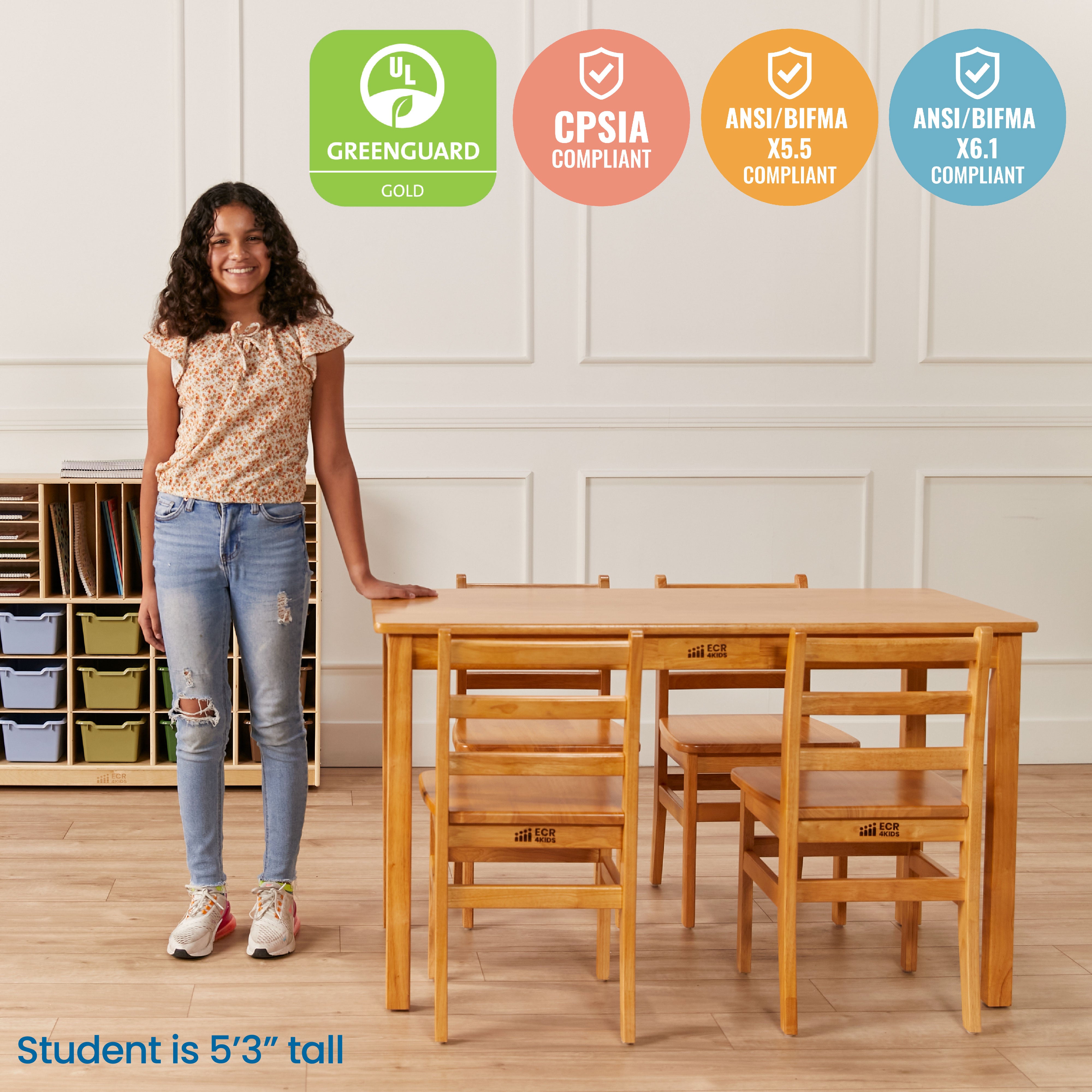 24in x 48in Rectangular Hardwood Table with 28in Legs and Four 16in Chairs, 5-Piece