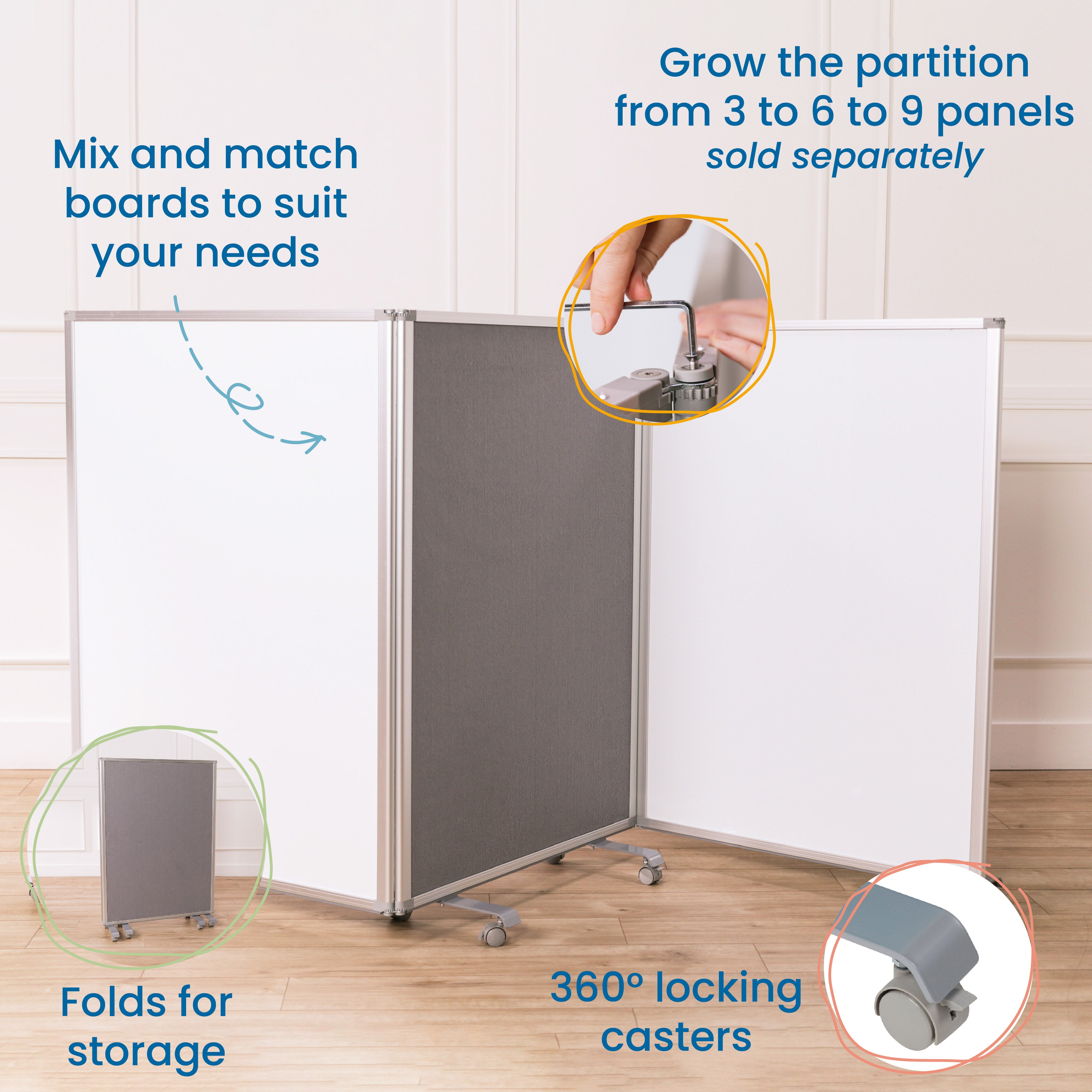Mobile Dry-Erase and Flannel Room Divider, 3-Panel