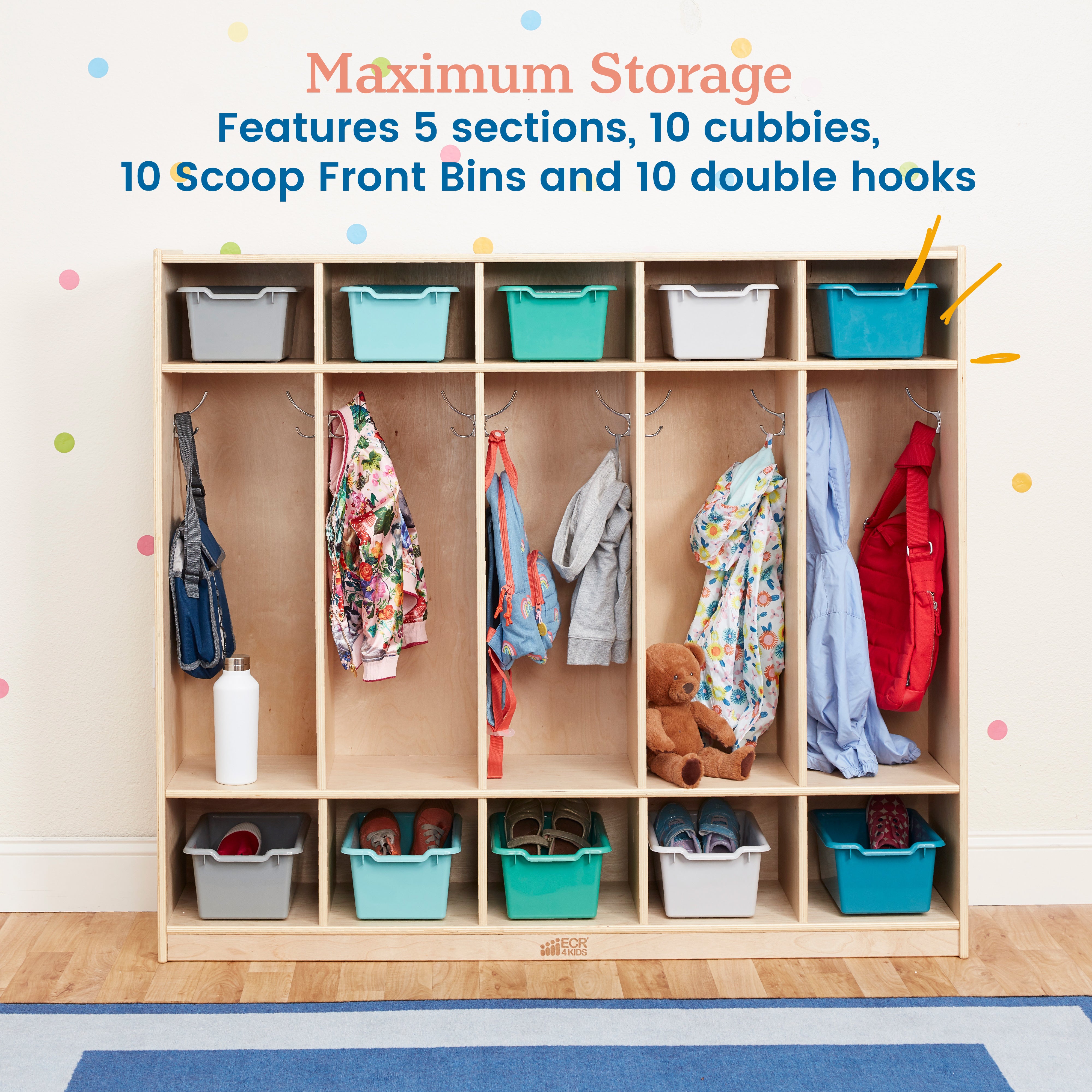 5-Section Coat Locker and Scoop Front Storage Bins, Natural