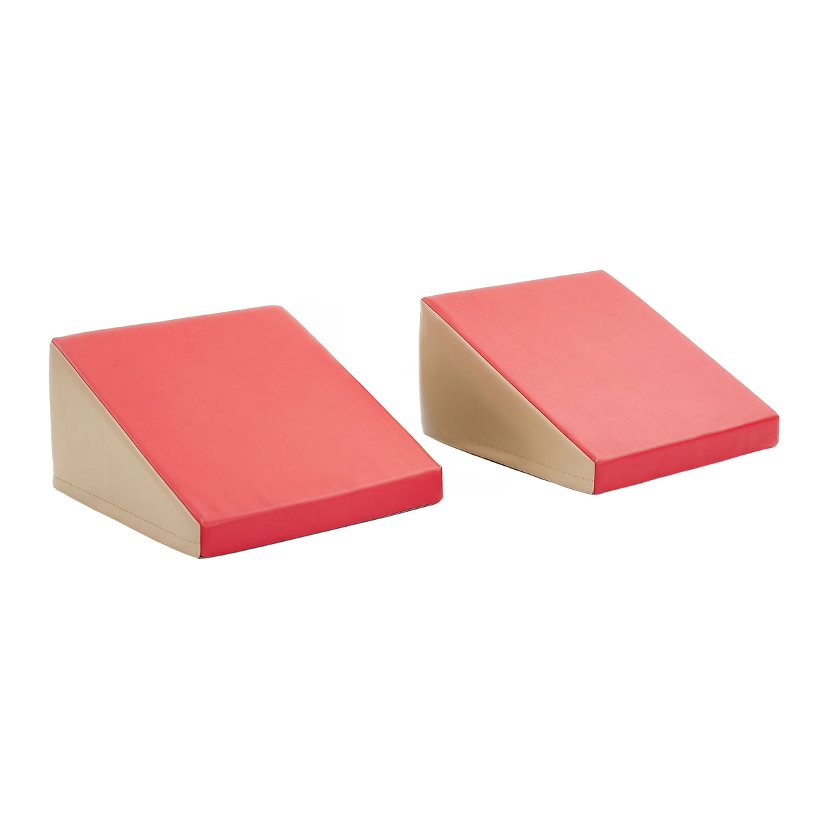 Two foam ramp climbers with red and tan surfaces in triangular wedge shapes.