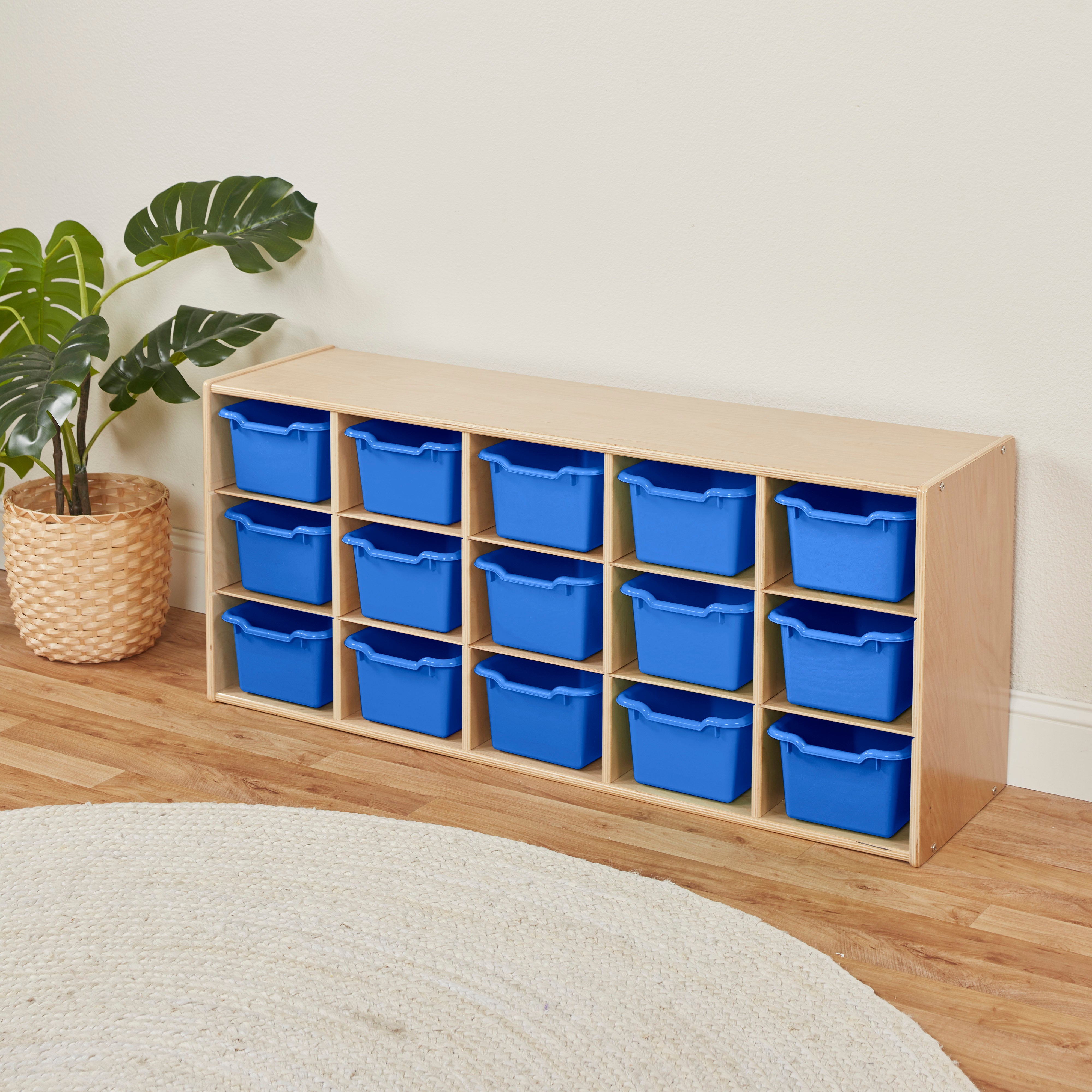 Streamline 15 Cubby Tray Cabinet with 15 Scoop Front Storage Bins, 3x5, Natural