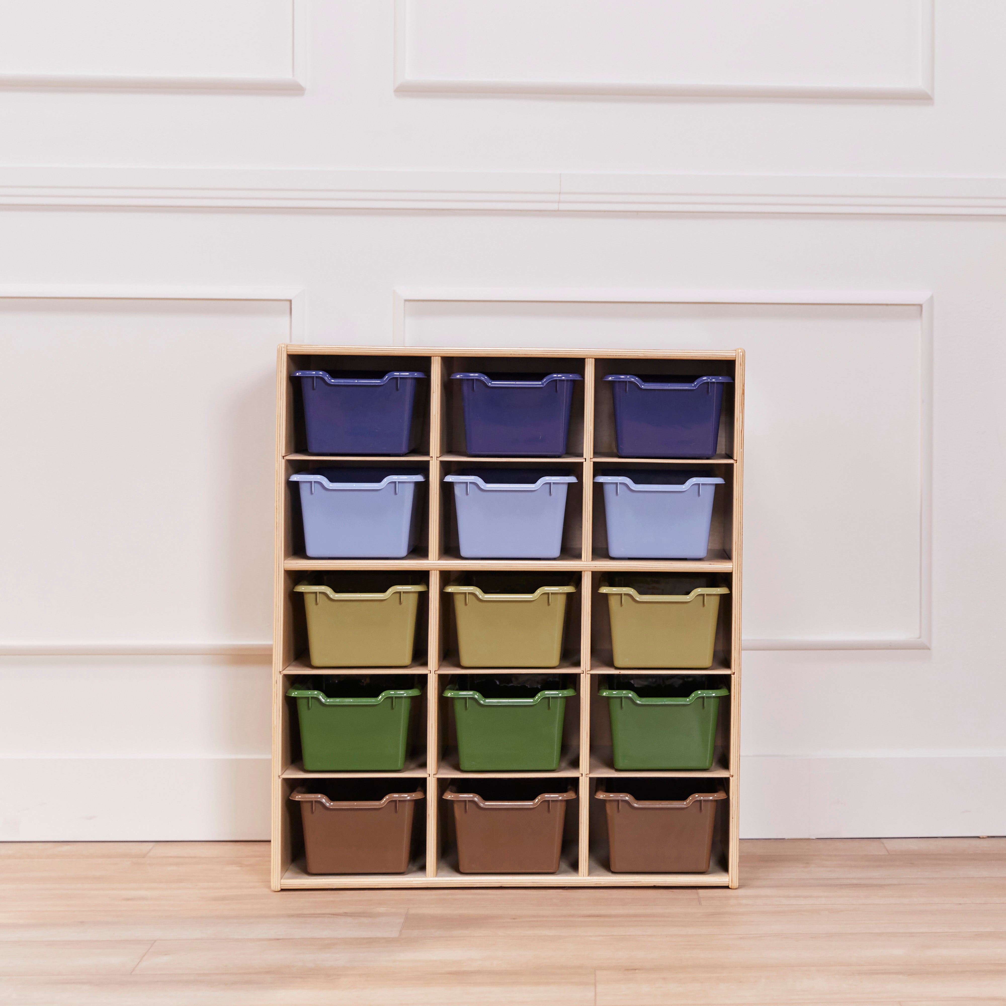 Streamline 15 Cubby Tray Cabinet with 15 Scoop Front Storage Bins, 5x3, Natural