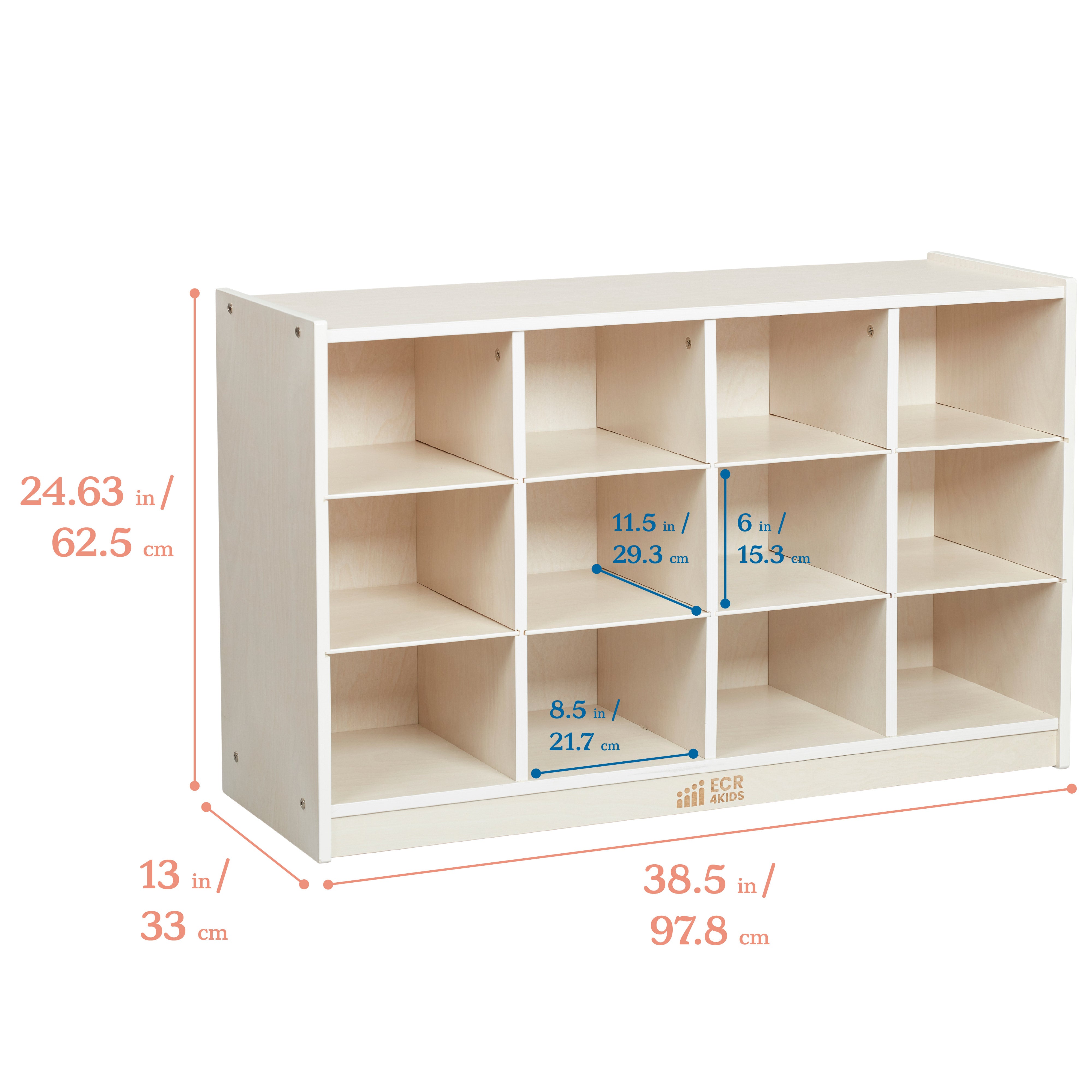 12 Cubby Mobile Tray Cabinet with 15 Scoop Front Storage Bins, 3x4, White Wash