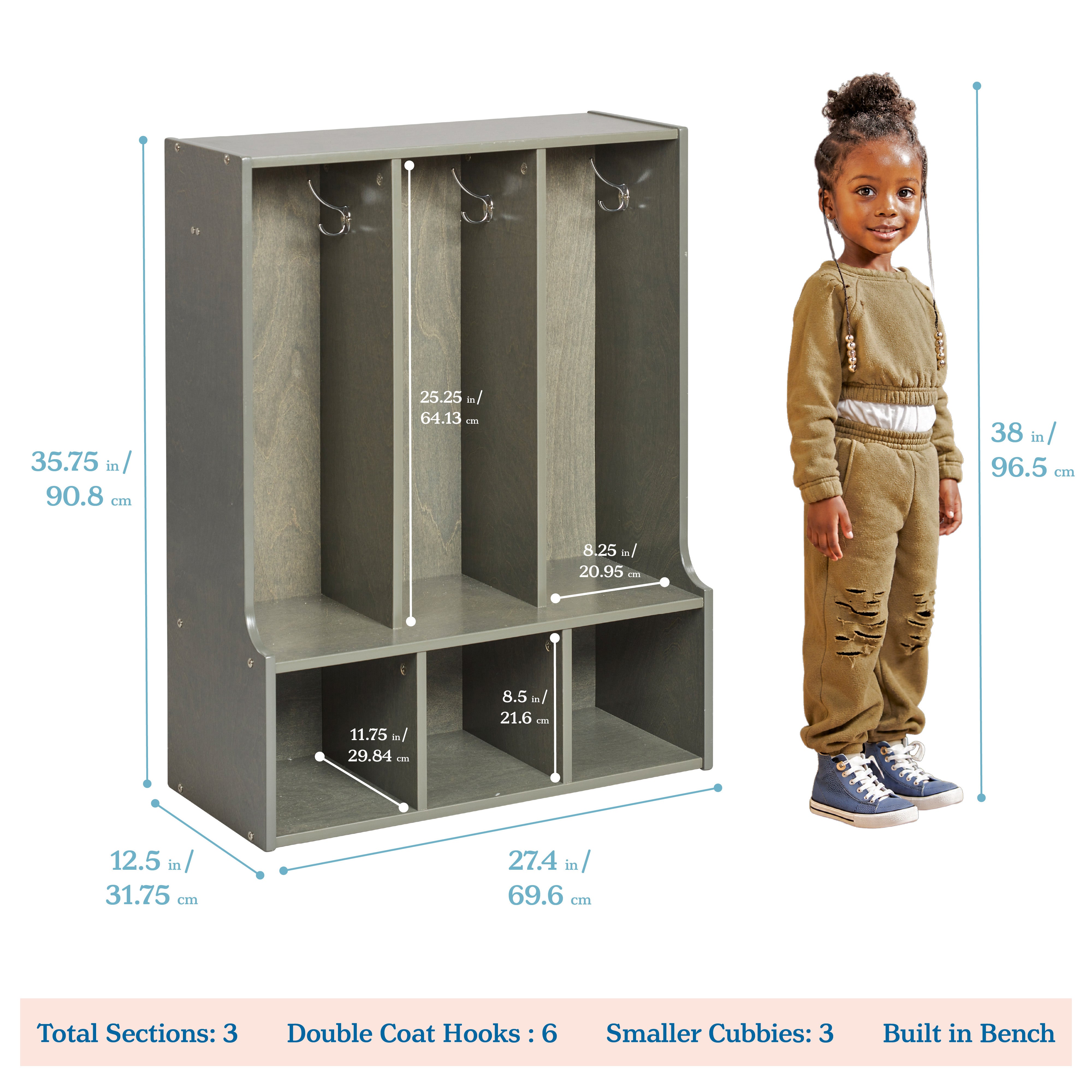 Streamline 3-Section Toddler Coat Locker with Bench