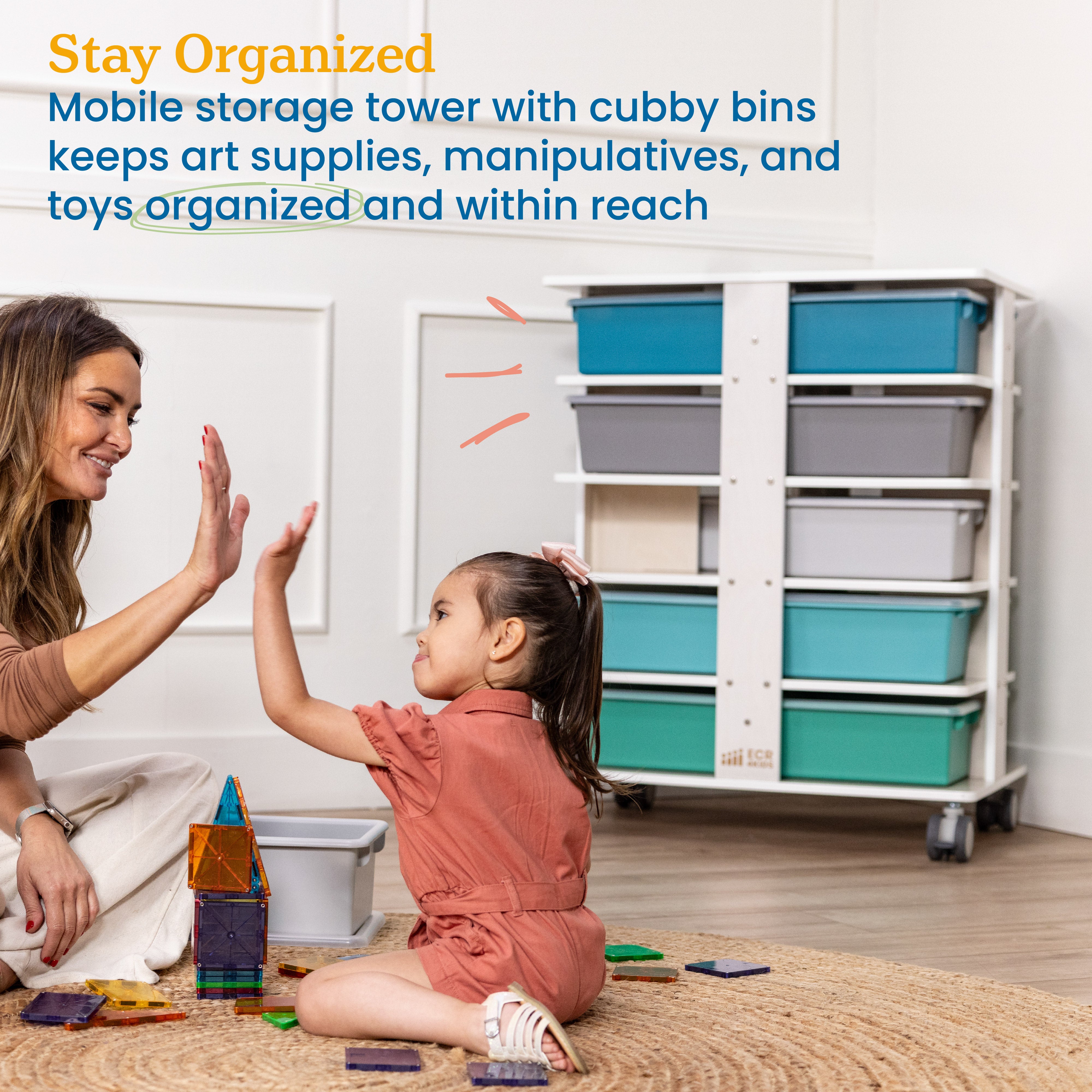 20-Compartment Mobile Storage Tower with Cubby Bins with Lids, 5x4, White Wash, Classroom Furniture