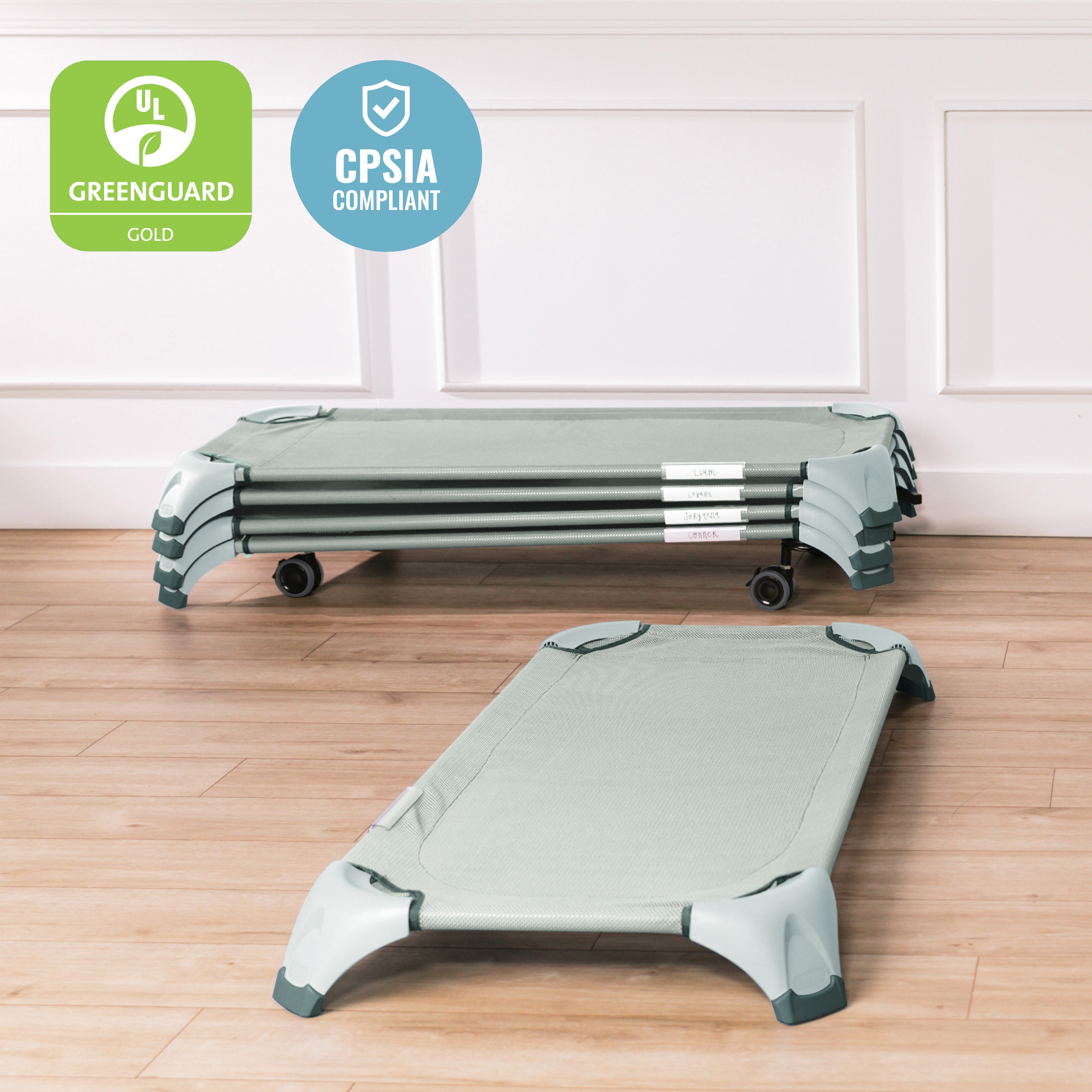 Stackable Cozy Cots with Universal Cot Trolley, 6-Pack